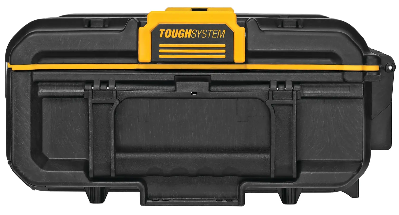 Caixa de ferramentas DEWALT ToughSystem preta com detalhes amarelos, vista de frente.