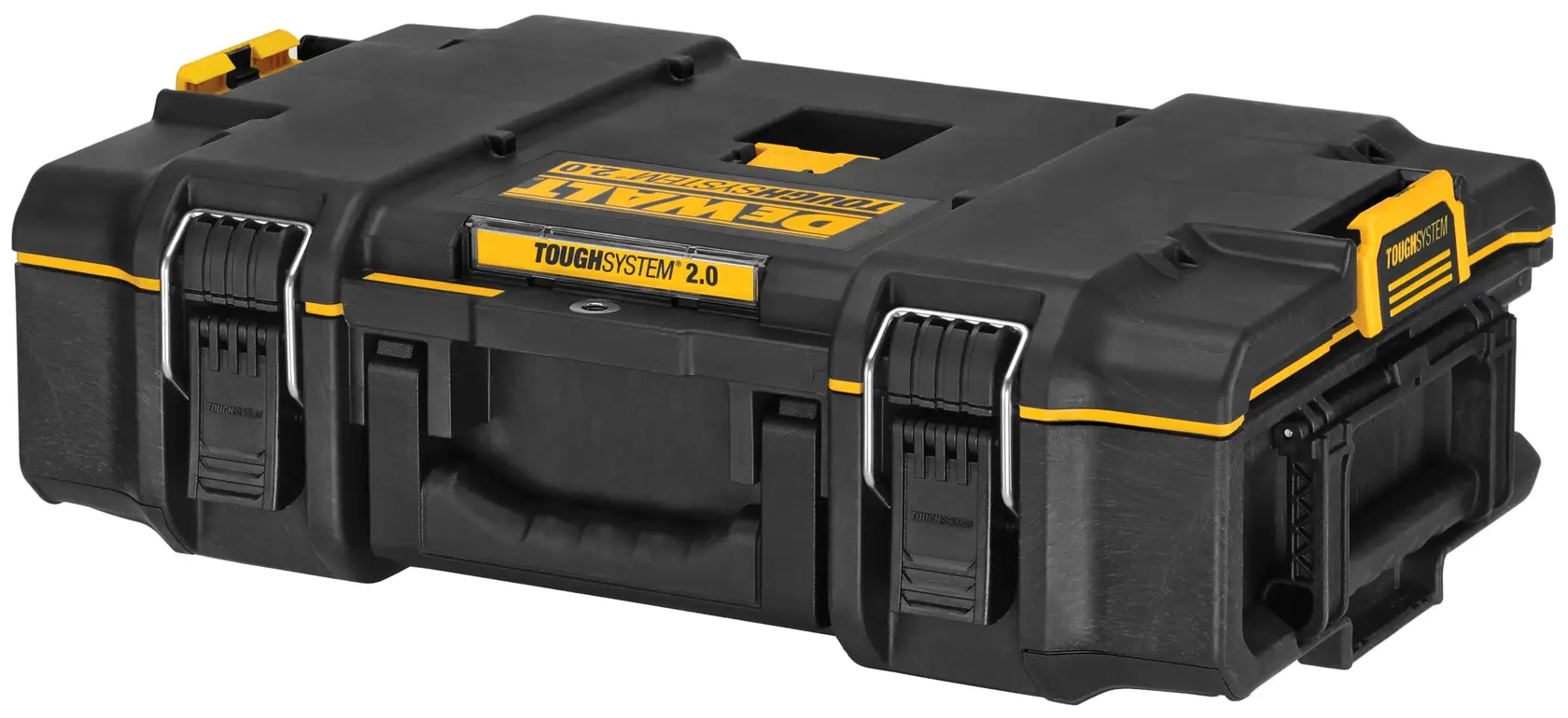 Uma caixa de armazenamento de ferramentas DEWALT ToughSystem 2.0, preta com detalhes em amarelo, com travas resistentes, alças e cantos reforçados para armazenamento seguro e portátil.