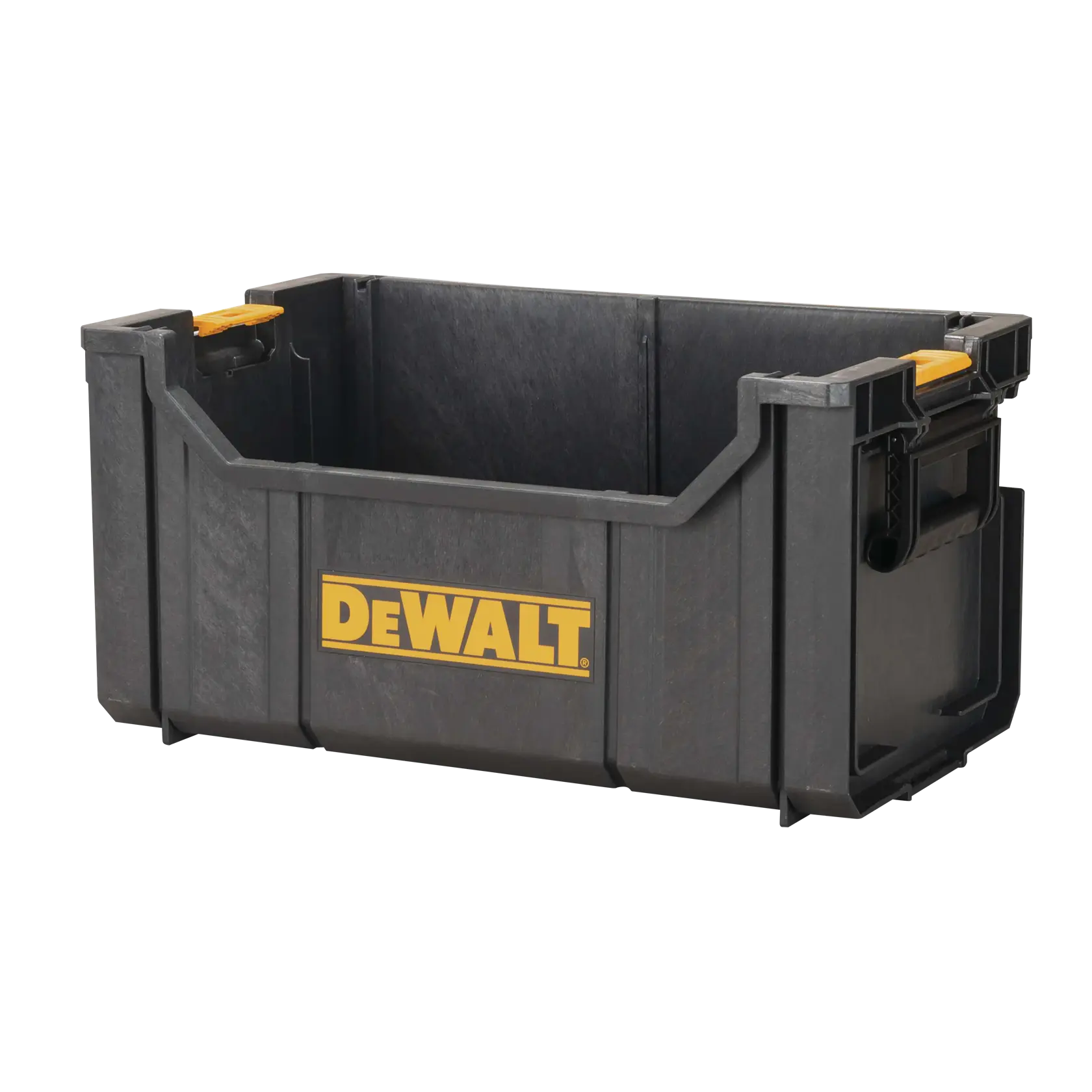 Uma caixa de armazenamento aberta, preta, da DEWALT com detalhes amarelos, projetada para organizar ferramentas ou materiais.