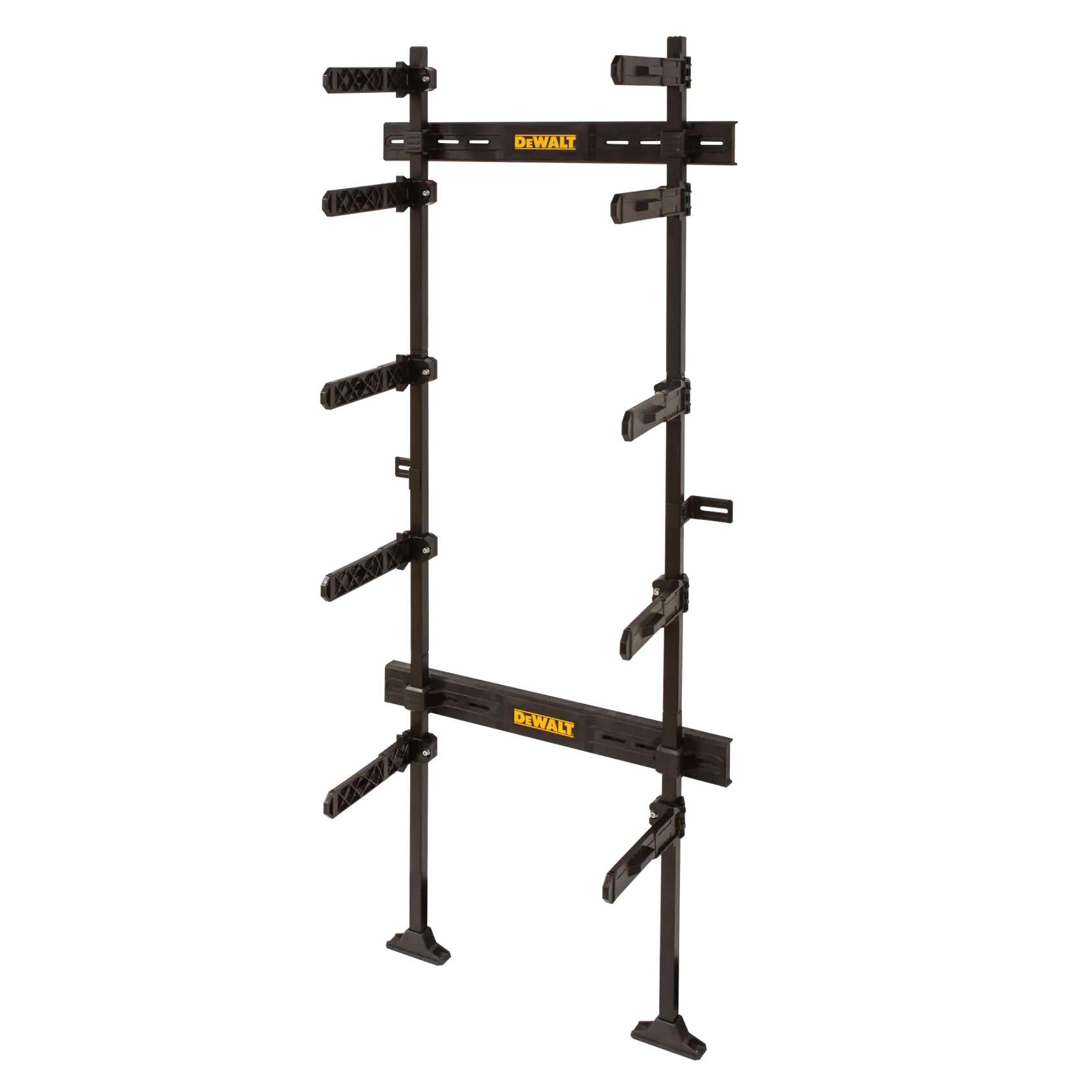 Um rack de parede da marca DEWALT com vários braços ajustáveis, projetado para organizar e armazenar ferramentas ou equipamentos.