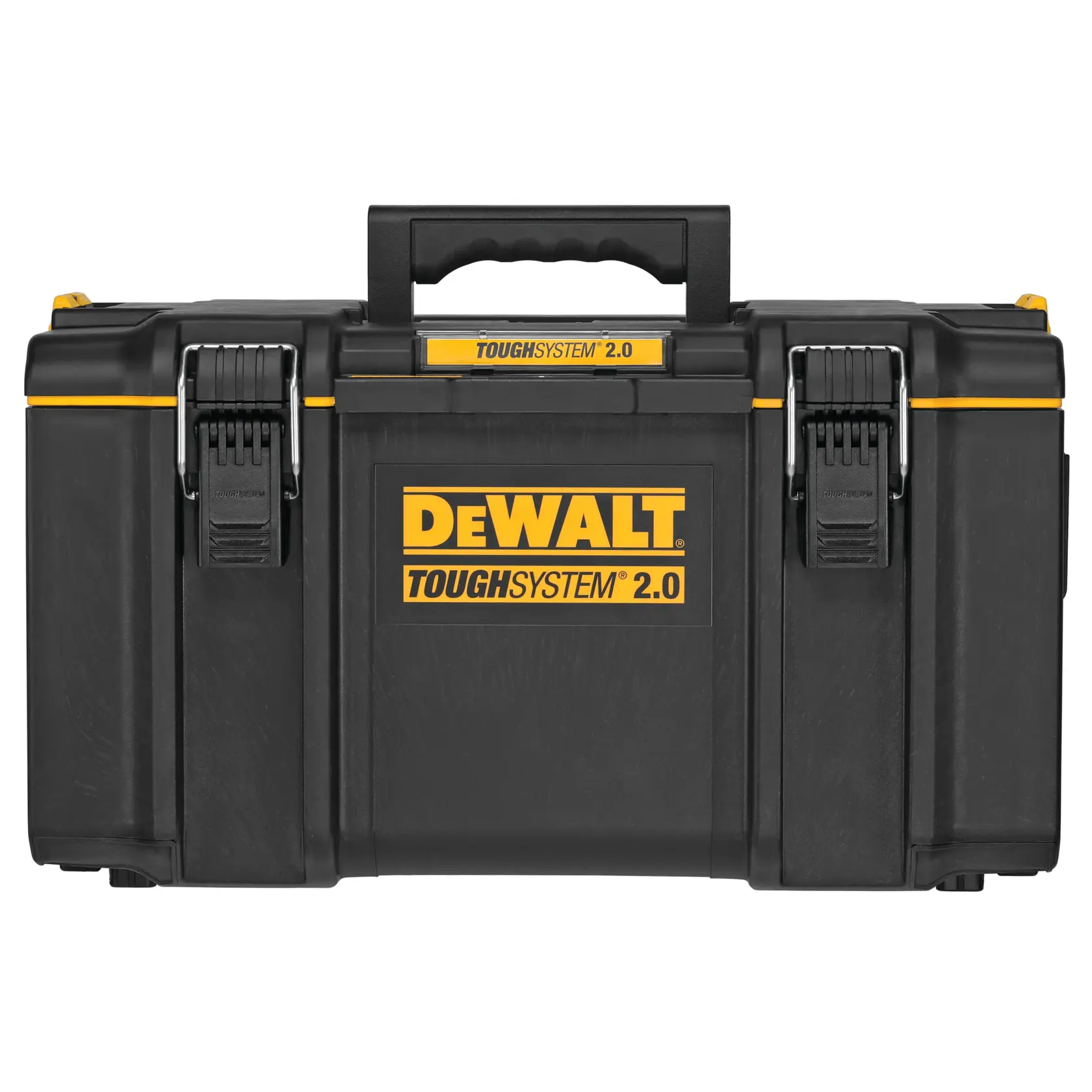 Uma caixa de armazenamento para ferramentas DEWALT ToughSystem 2.0 preta com detalhes amarelos, travas resistentes e uma alça na parte superior. O logotipo DEWALT e a marca ToughSystem 2.0 estão impressos na parte frontal.