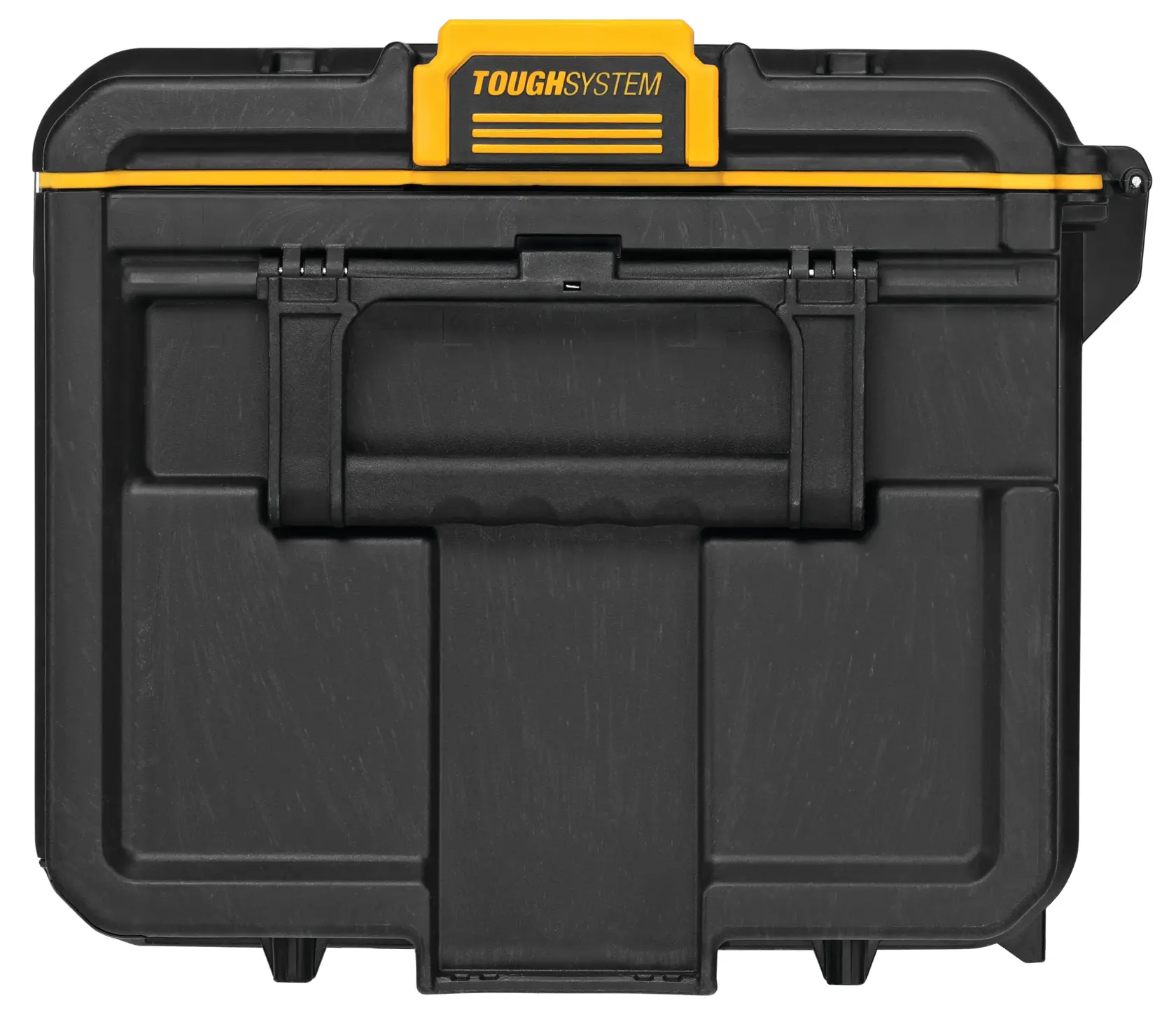 Vista frontal de uma caixa de armazenamento de ferramentas DEWALT ToughSystem preta com trava e alça amarelas.
