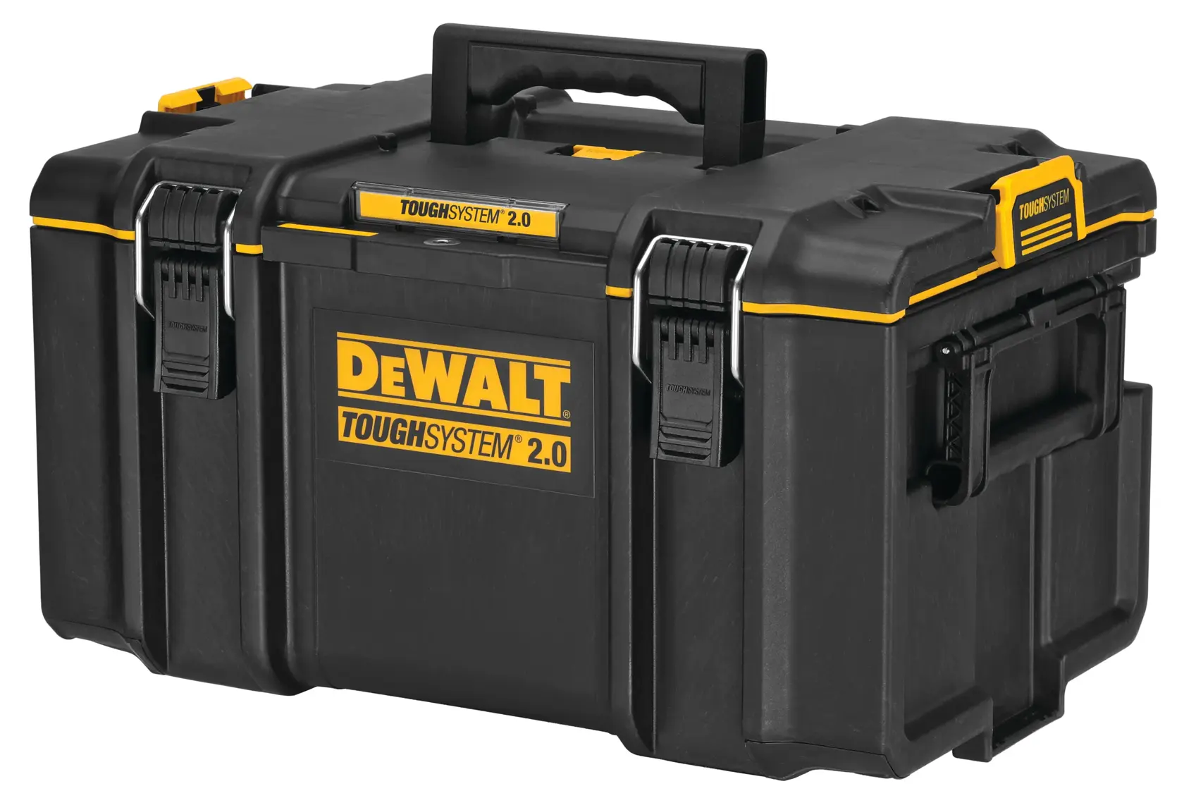 Uma caixa de ferramentas DEWALT ToughSystem 2.0 preta e amarela com travas robustas, alça superior e cantos reforçados. O logo DEWALT está em destaque na frente.