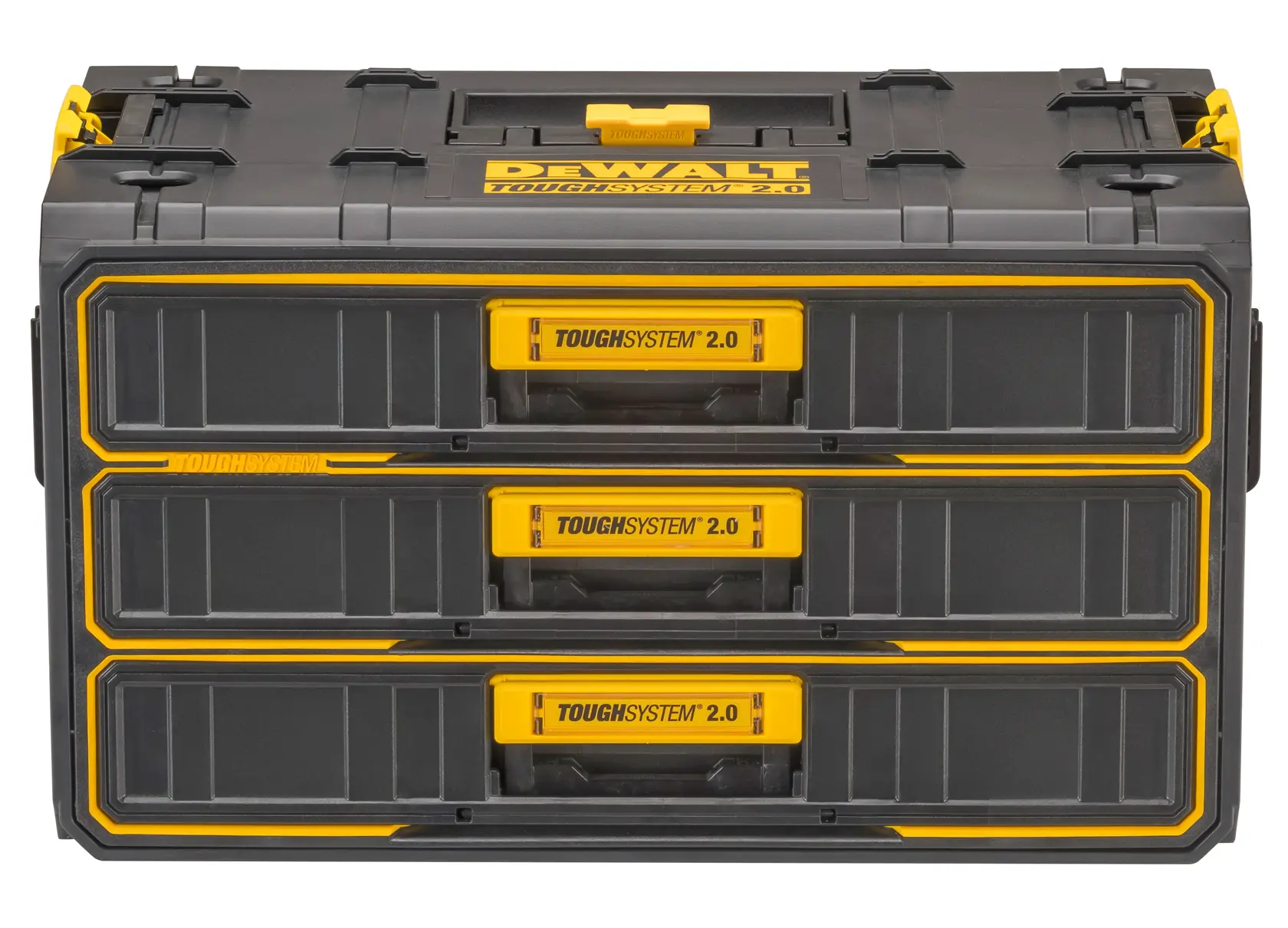 Caixa de armazenamento DEWALT ToughSystem 2.0 com três gavetas empilhadas. A caixa é cinza com detalhes amarelos, projetada para organizar e armazenar ferramentas e acessórios com segurança.