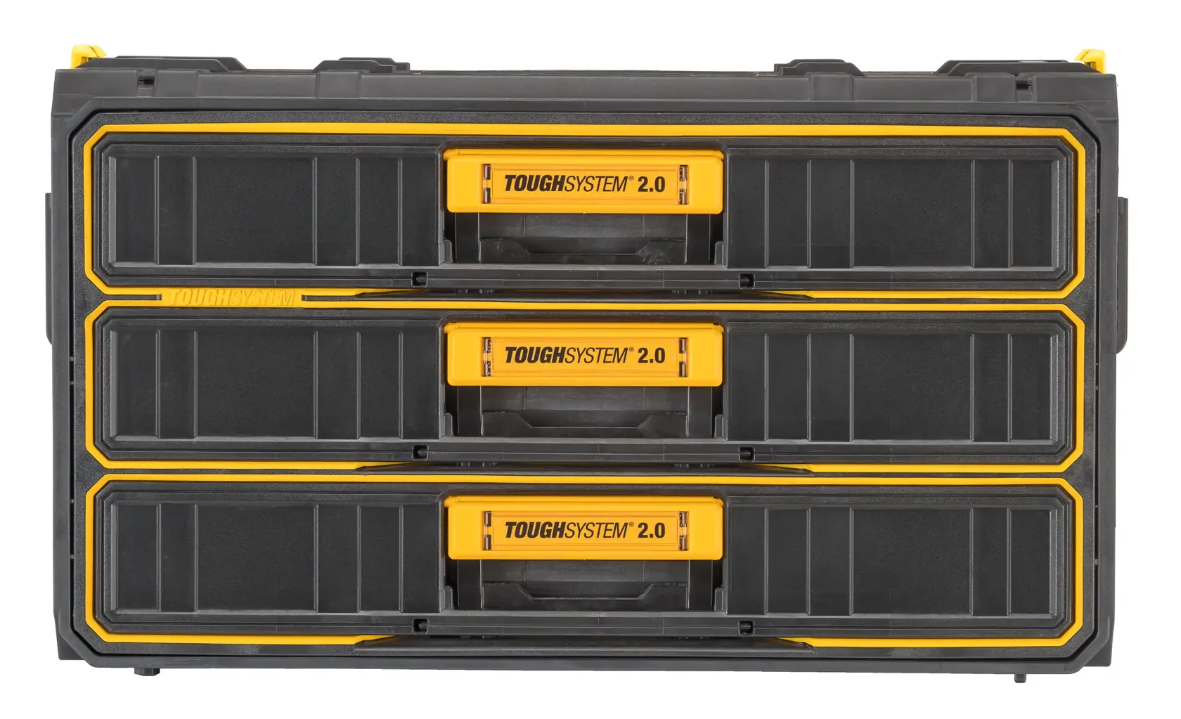 Vista frontal de uma caixa de armazenamento de ferramentas DEWALT Toughsystem 2.0 com três gavetas, nas cores preto e amarelo.