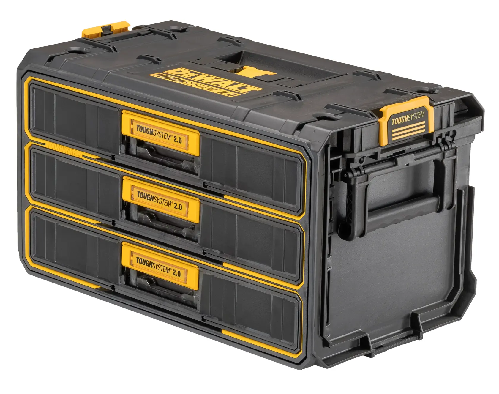 Uma caixa de armazenamento de ferramentas DEWALT ToughSystem 2.0 com três gavetas, feita de plástico preto resistente com detalhes e alças amarelas, projetada para armazenamento e transporte organizado de ferramentas.