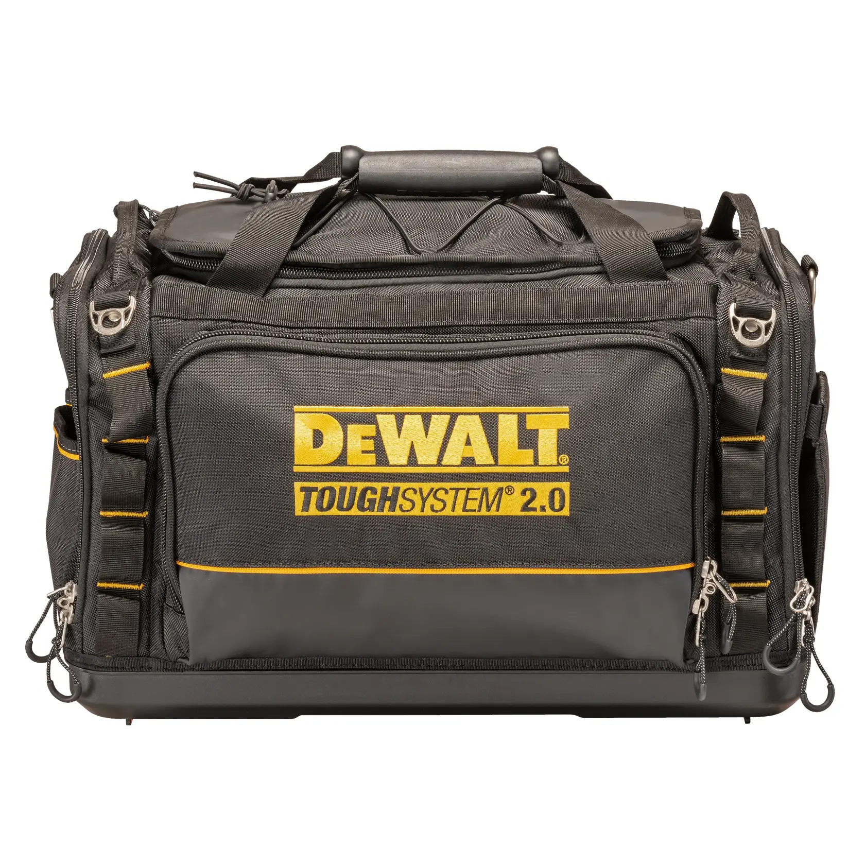 Bolsa de ferramentas preta DEWALT ToughSystem 2.0 com detalhes em amarelo e vários compartimentos, zíperes e alças, vista de frente.