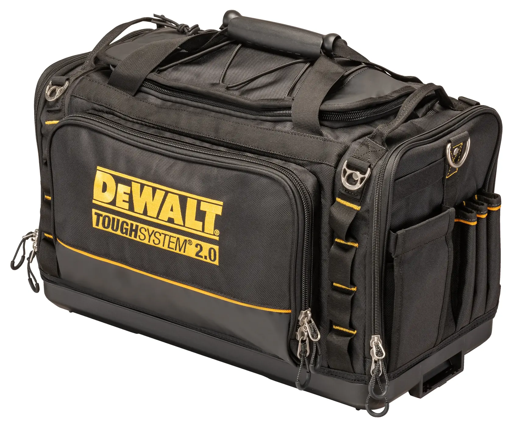 Gráfico promocional do DEWALT ToughSystem 2.0 com o slogan 'Storage Built to Handle It' em letras grandes e amarelas sobre um fundo escuro e texturizado.