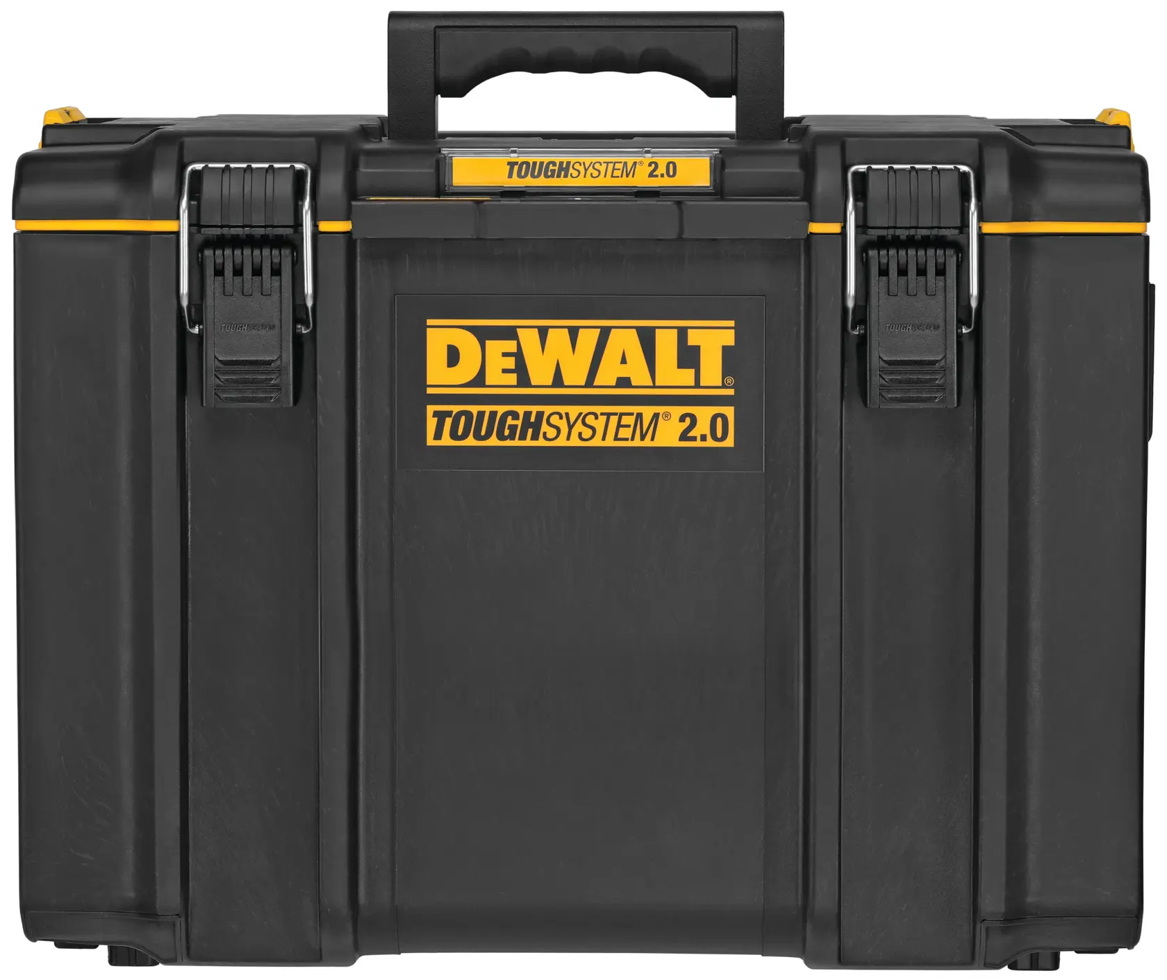 Vista frontal de uma caixa de armazenamento de ferramentas DEWALT ToughSystem 2.0, preta com detalhes amarelos e uma alça na parte superior.