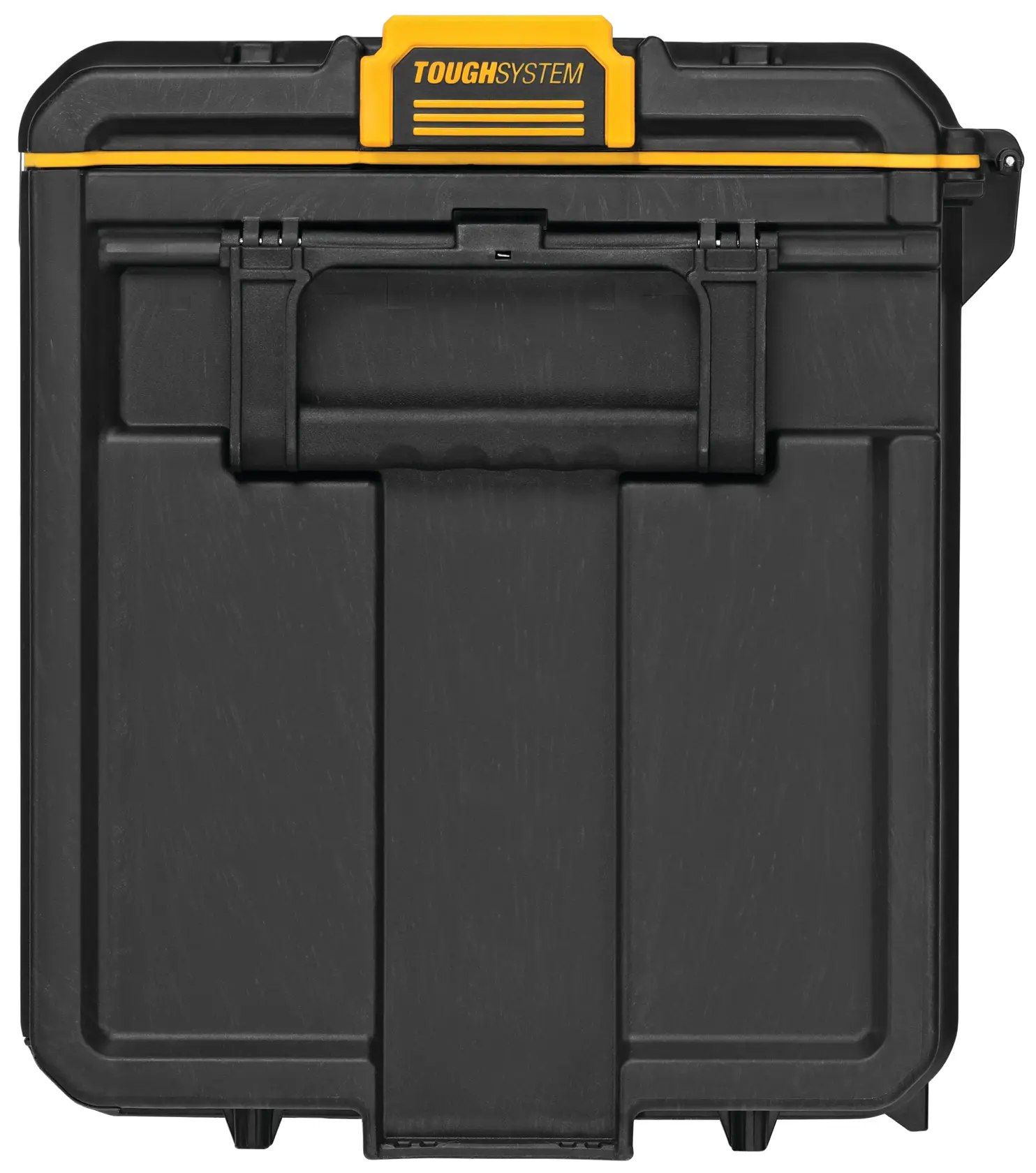 Vista frontal de uma caixa de ferramentas preta DEWALT TOUGHSYSTEM com detalhe amarelo e alça robusta, projetada para armazenamento de ferramentas de uso pesado.