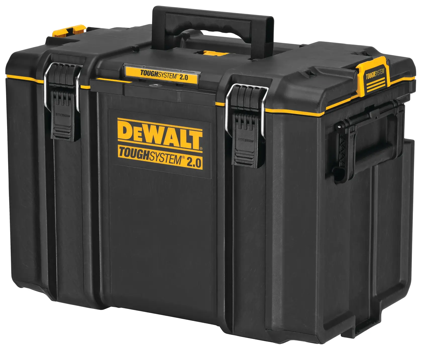 Caixa de armazenamento de ferramentas portátil DEWALT ToughSystem 2.0 preta e amarela, com alça robusta e travas seguras.
