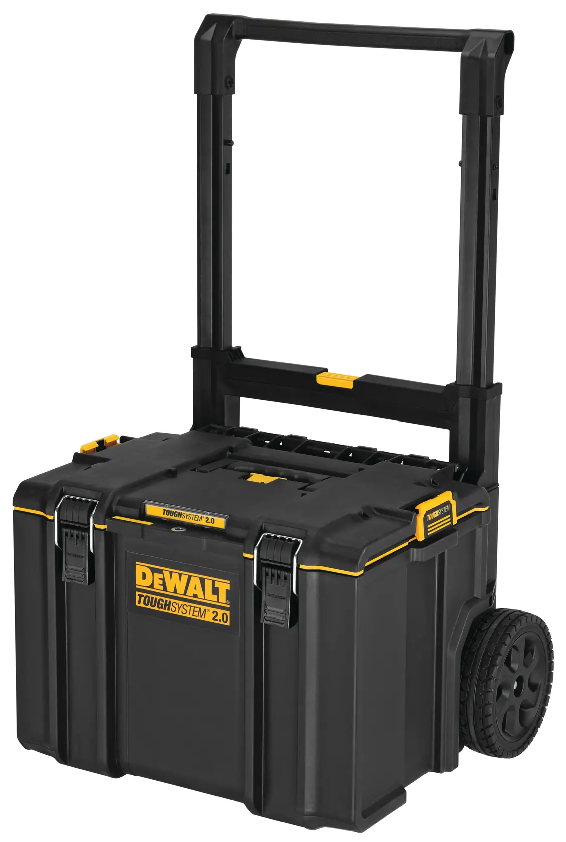 Caixa de ferramentas preta DEWALT ToughSystem 2.0 com rodas e alça estendida, projetada para armazenamento durável de ferramentas e transporte fácil.