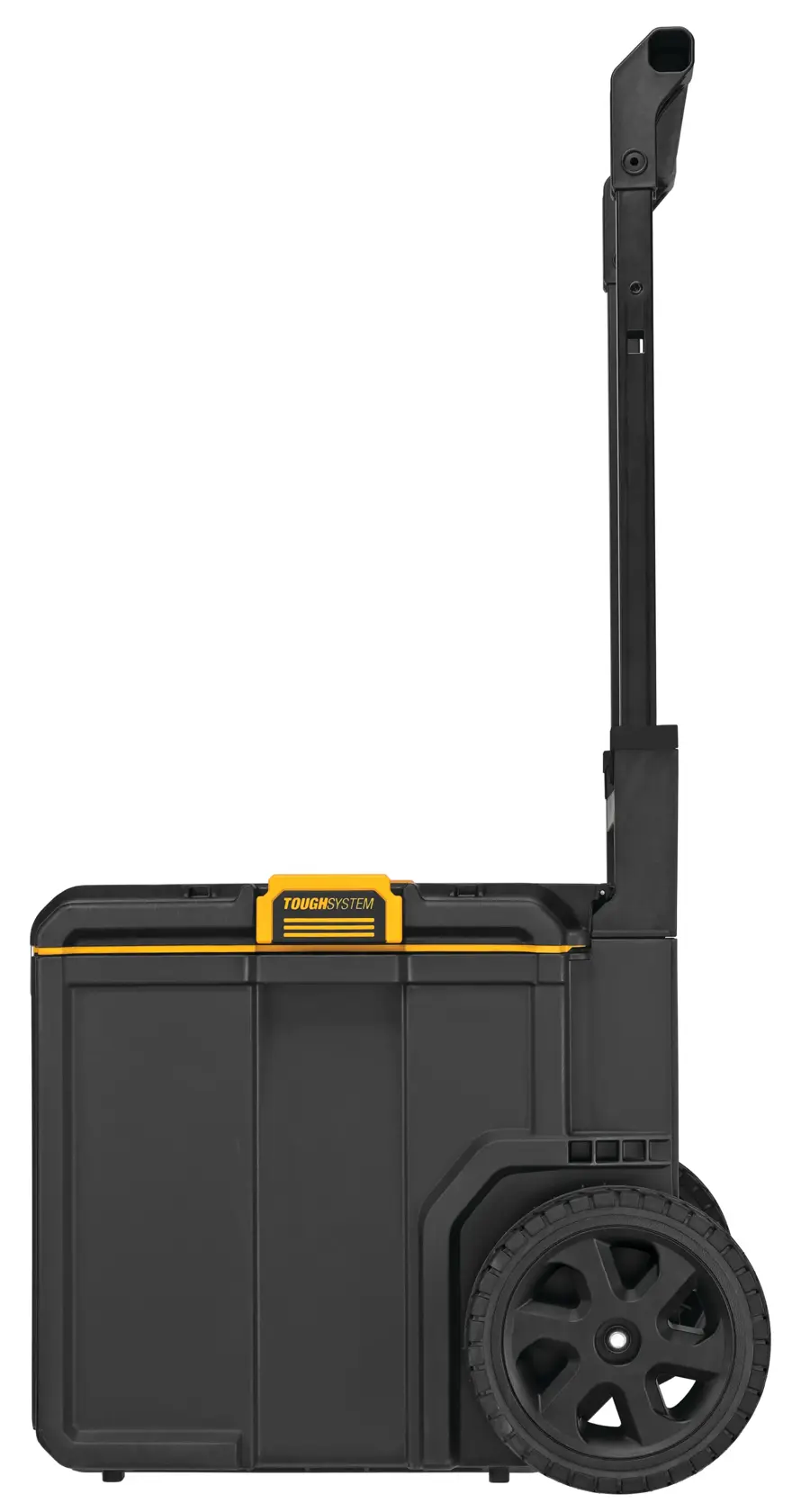 Uma caixa de ferramentas preta DEWALT com detalhe amarelo, possui grandes rodas e uma alça estendida para facilitar o transporte.