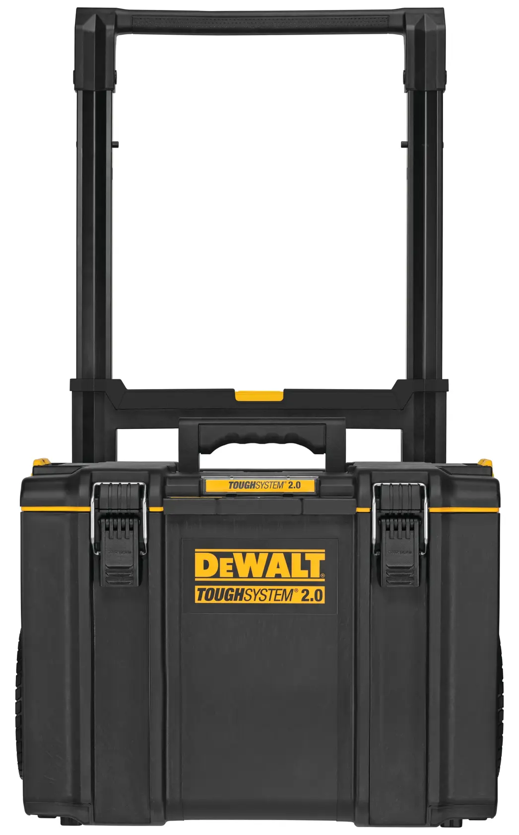 Vista frontal de uma caixa de ferramentas preta DEWALT ToughSystem 2.0 com rodas, alça telescópica e travas resistentes para facilitar o transporte.