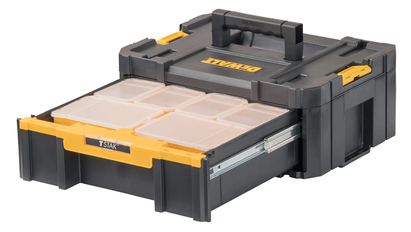 Um organizador de armazenamento DEWALT preto e amarelo com alça, possui uma gaveta deslizante com vários compartimentos transparentes, adequado para organizar pequenos itens e ferramentas.