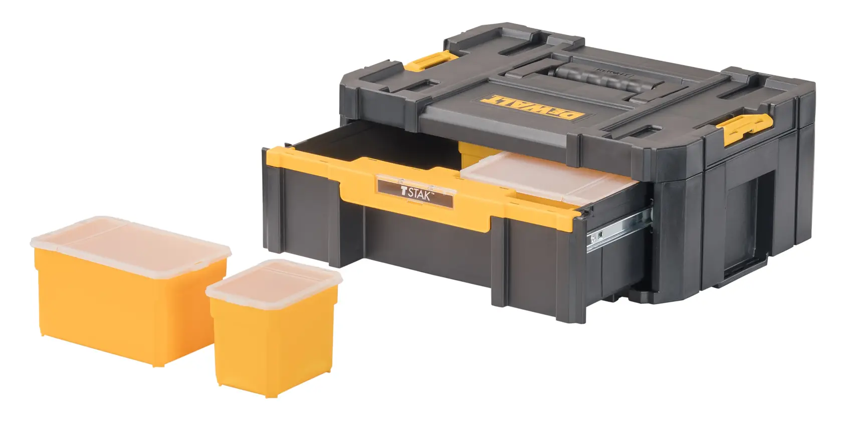 Uma caixa de armazenamento para ferramentas DEWALT preta e amarela com uma gaveta deslizante, acompanhada de dois recipientes de armazenamento amarelos com tampas transparentes ao lado.