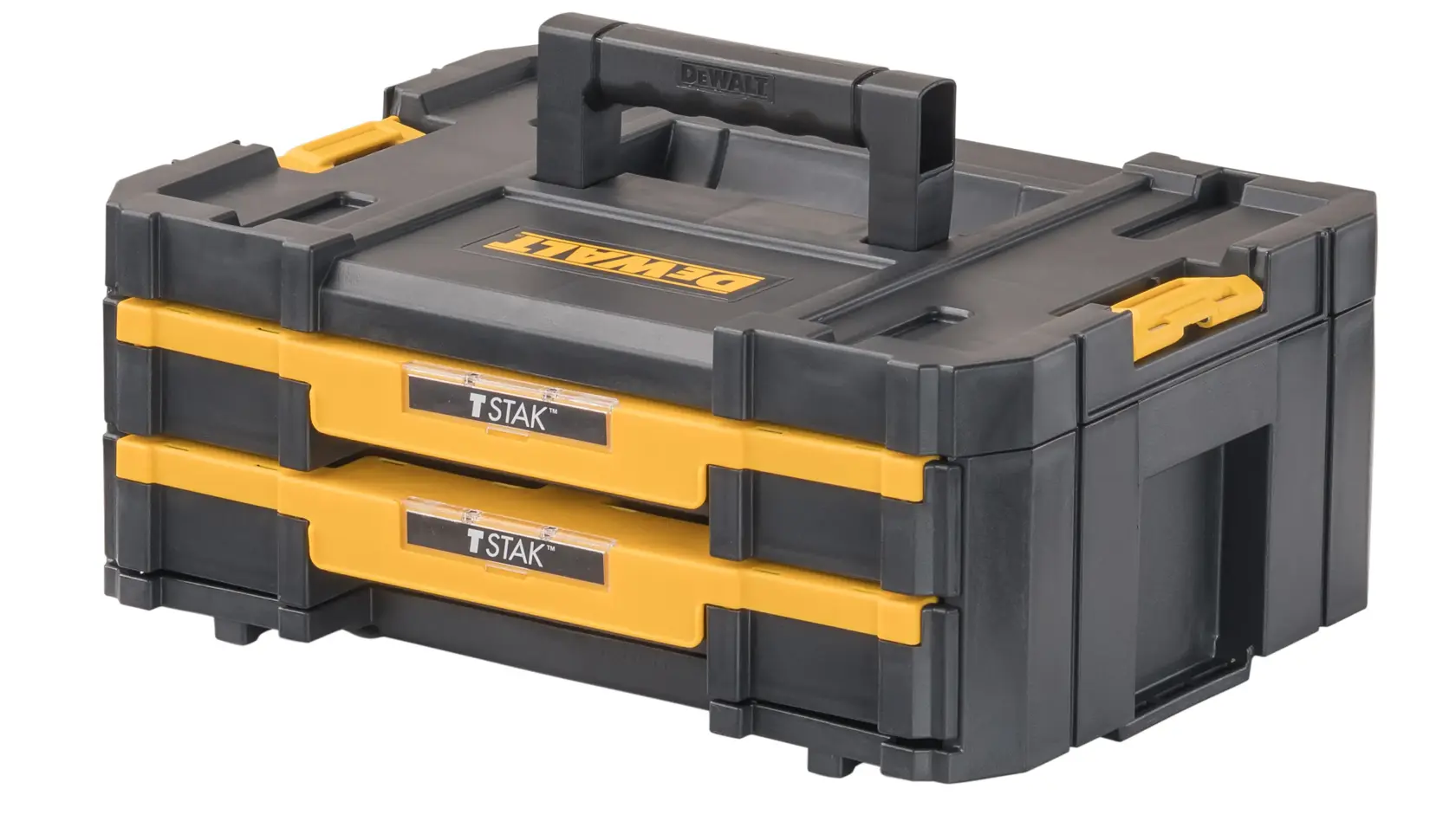 Uma caixa de armazenamento de ferramentas DEWALT TSTAK com duas gavetas. A caixa é preta com detalhes amarelos, possui uma alça resistente no topo e apresenta travas e etiquetas em cada gaveta.