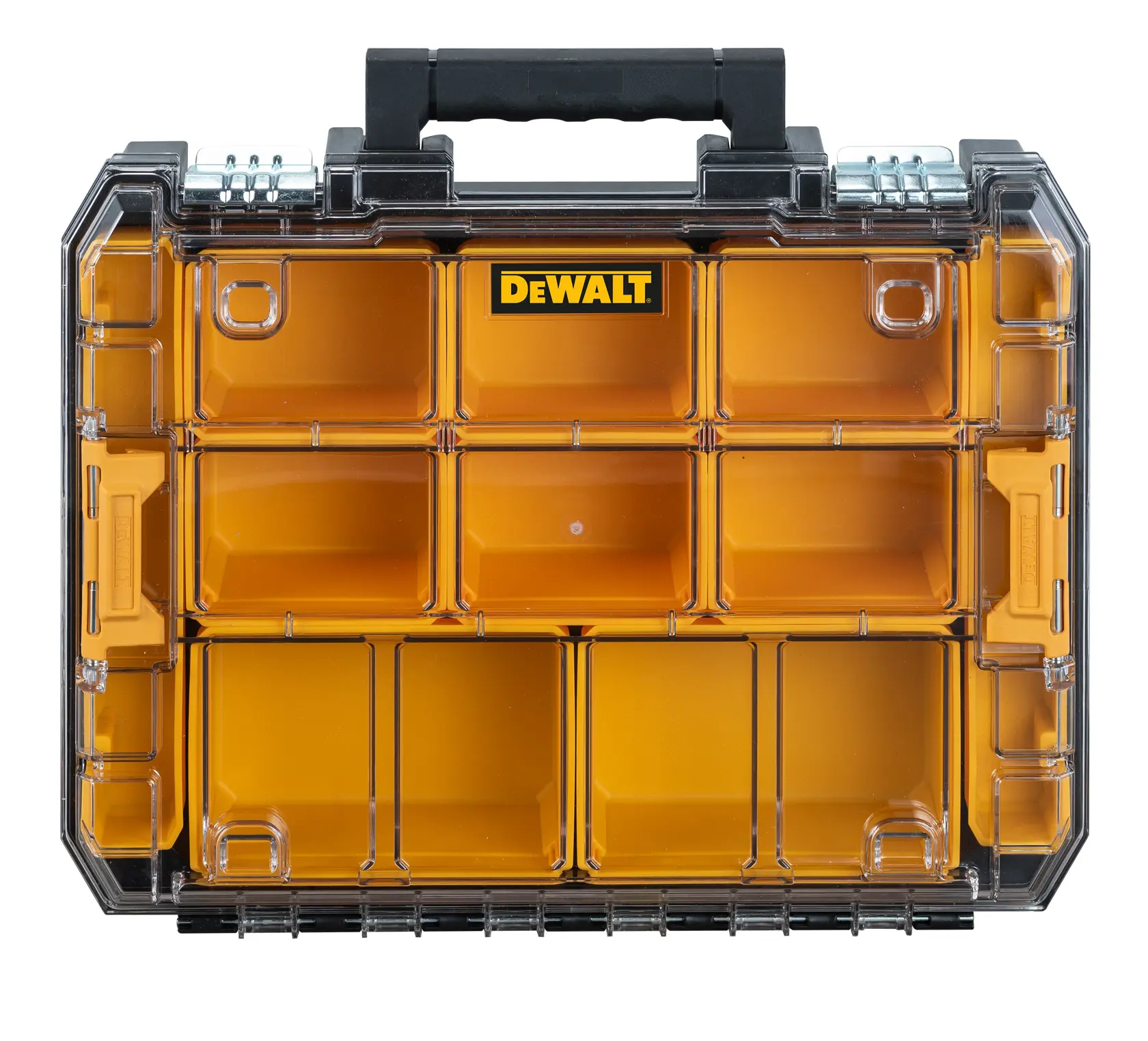 Uma caixa organizadora de plástico da marca DEWALT com tampa transparente, apresentando vários compartimentos amarelos para guardar pequenos itens ou ferramentas. Há uma alça preta na parte superior para carregar.