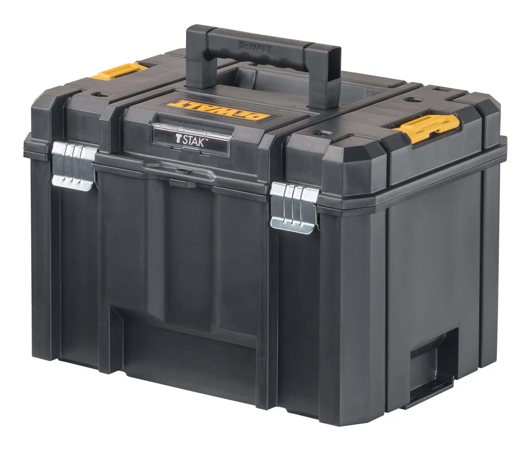 Uma caixa modular preta de armazenamento de ferramentas DEWALT TSTAK com travas de metal, alça resistente e detalhes amarelos. A caixa é projetada para armazenamento e transporte seguro de ferramentas.
