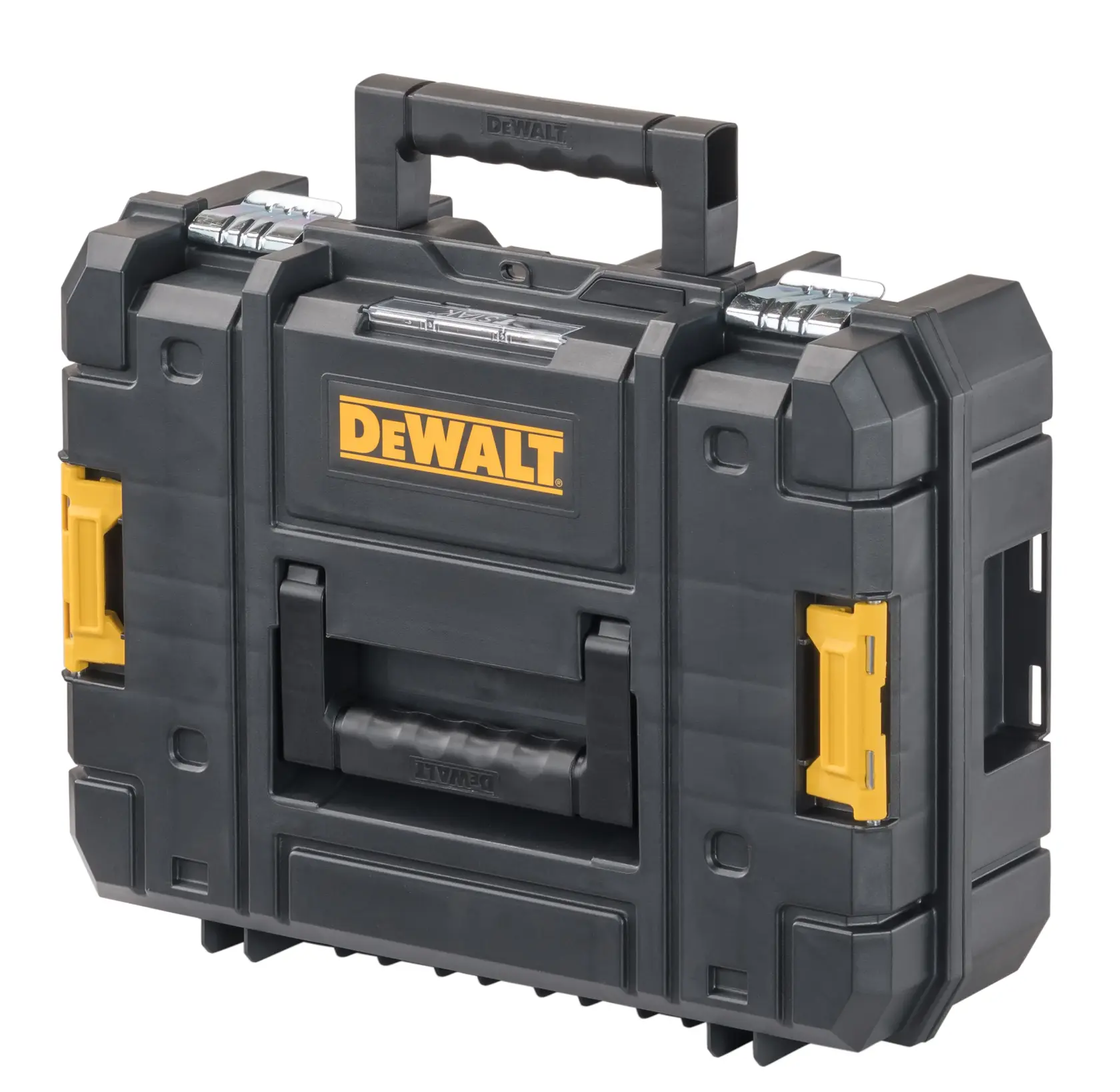 Una caja de herramientas DEWALT negra y amarilla con características etiquetadas, incluyendo plataforma apilable, asa superior de bi-material, cierres frontales de metal, cierres de apilado con pasadores metálicos, y opción para asegurar con un candado (no incluido).