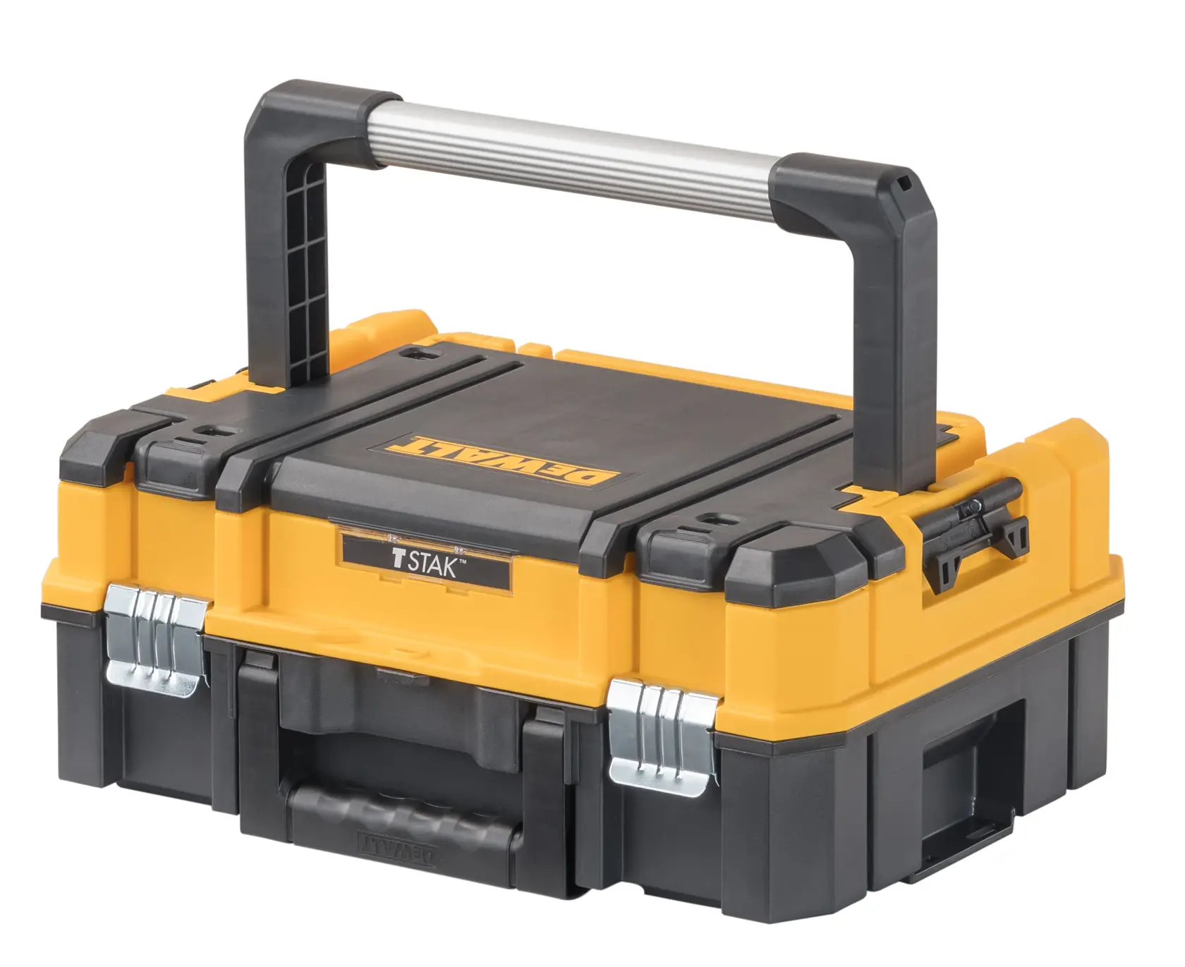 Uma caixa de ferramentas portátil DEWALT TSTAK amarela e preta com alça resistente, travas de metal e cantos reforçados.