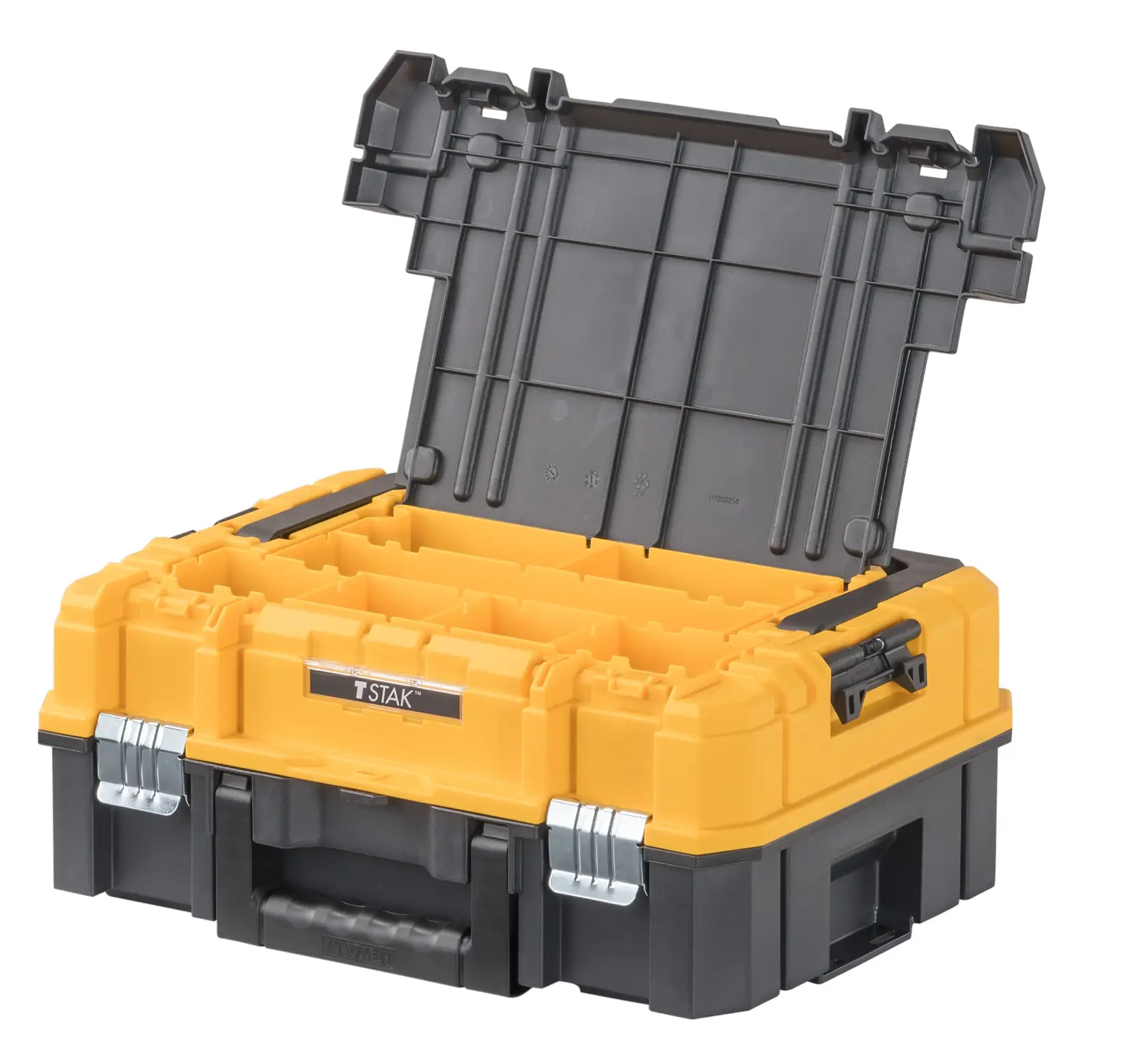 Uma caixa de armazenamento de ferramentas em plástico amarelo e preto com a tampa aberta, mostrando compartimentos internos. A caixa possui alça para transporte e travas metálicas, adequada para organizar ferramentas e acessórios.