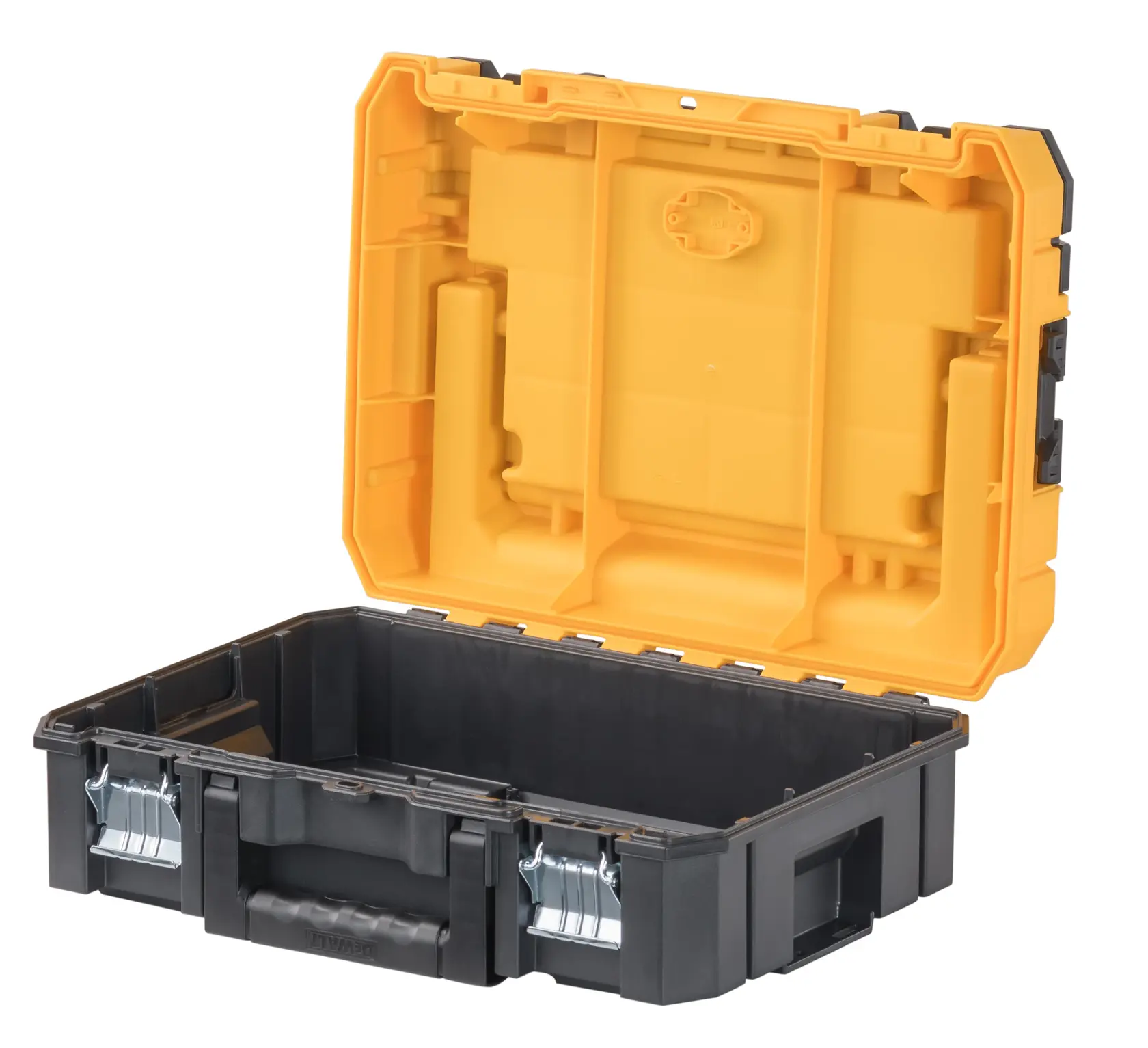 Caixa de ferramentas DEWALT em plástico preto e amarelo com a tampa aberta, mostrando o compartimento principal vazio e travas de metal resistentes.