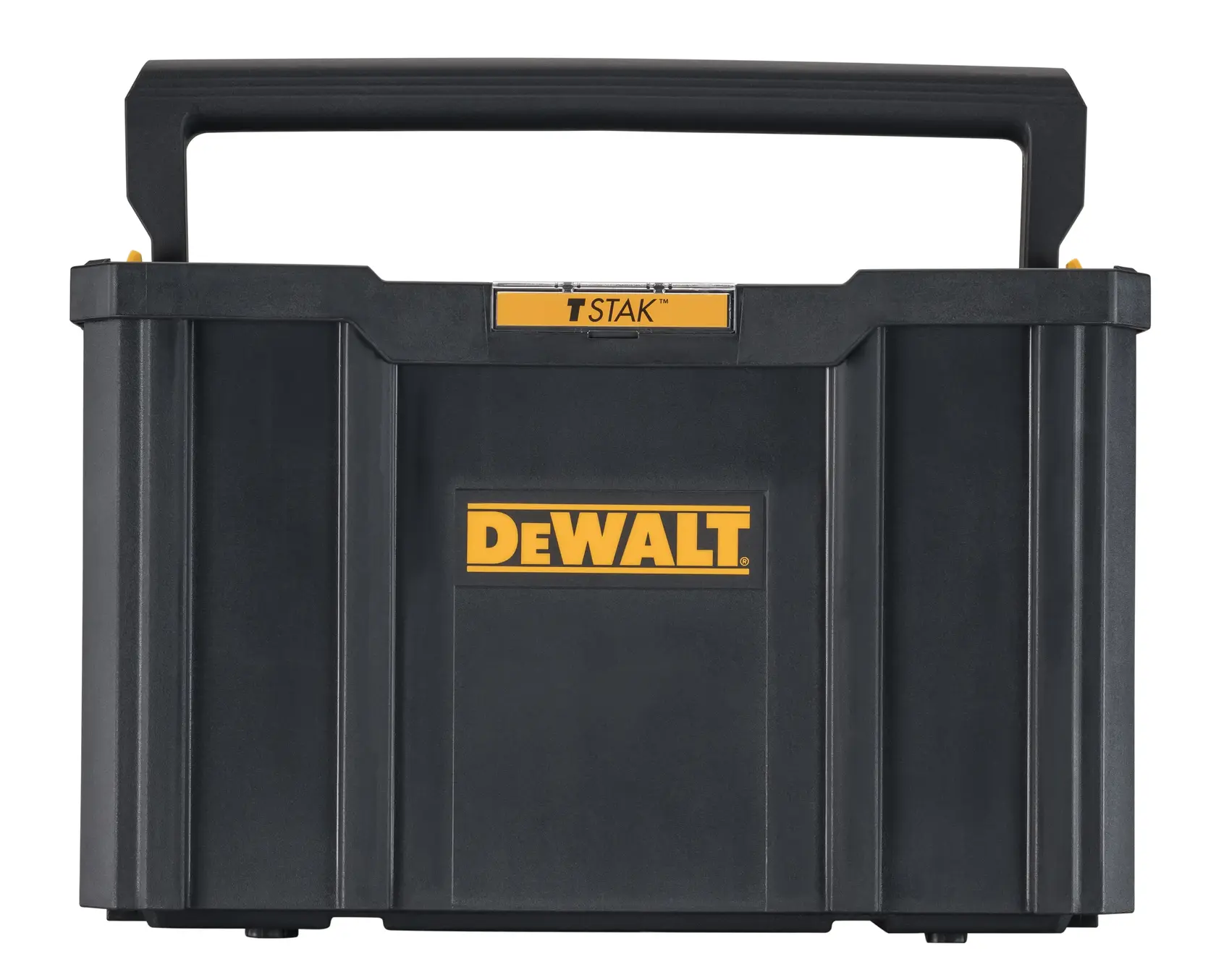DEWALT DWST17809 caixa de ferramentas preta, vista frontal, logo amarelo e alça em fundo branco.