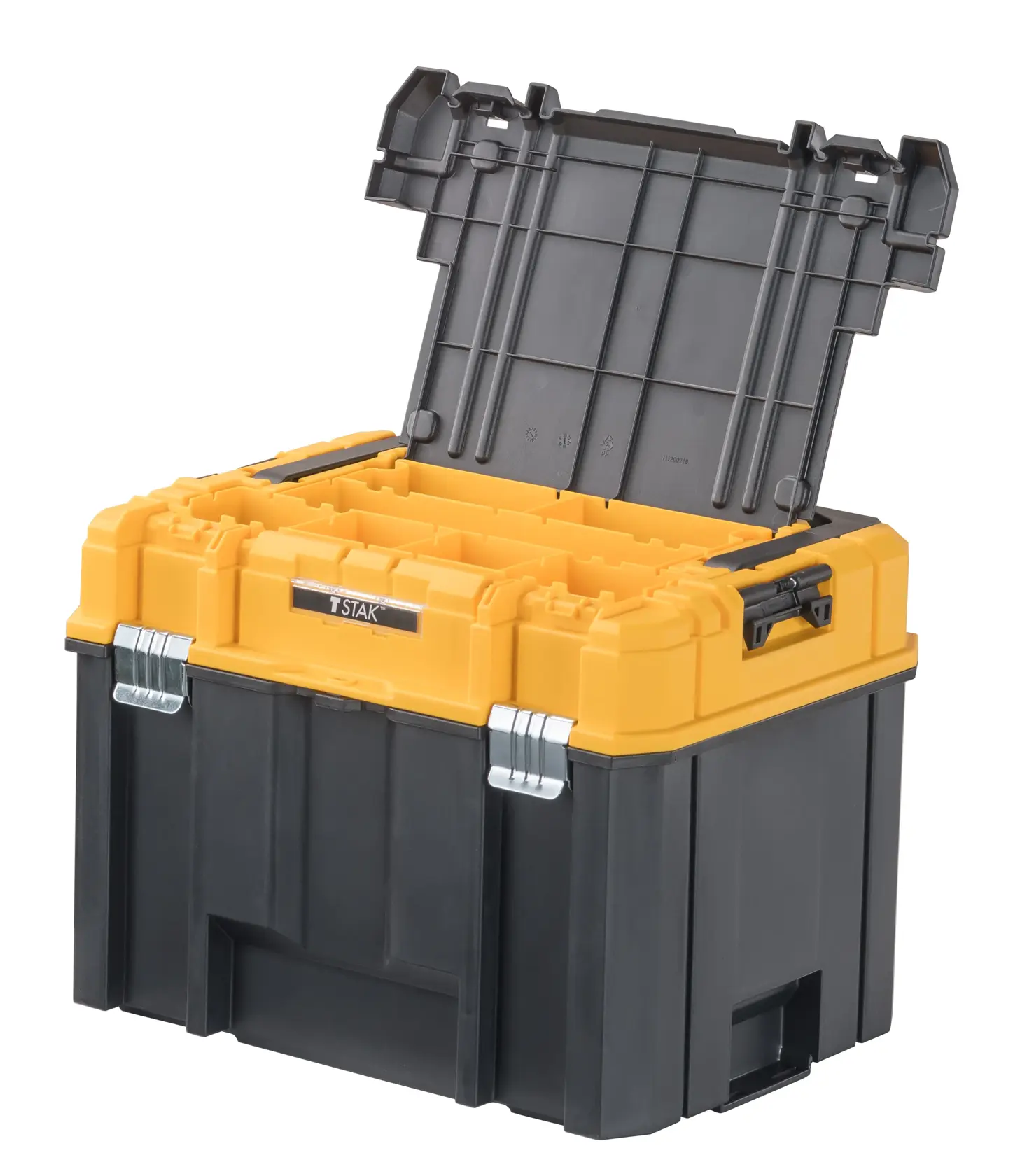 Uma caixa de armazenamento DEWALT TSTAK com tampa amarela aberta, mostrando compartimentos internos. A caixa é preta com travas metálicas e alças laterais.