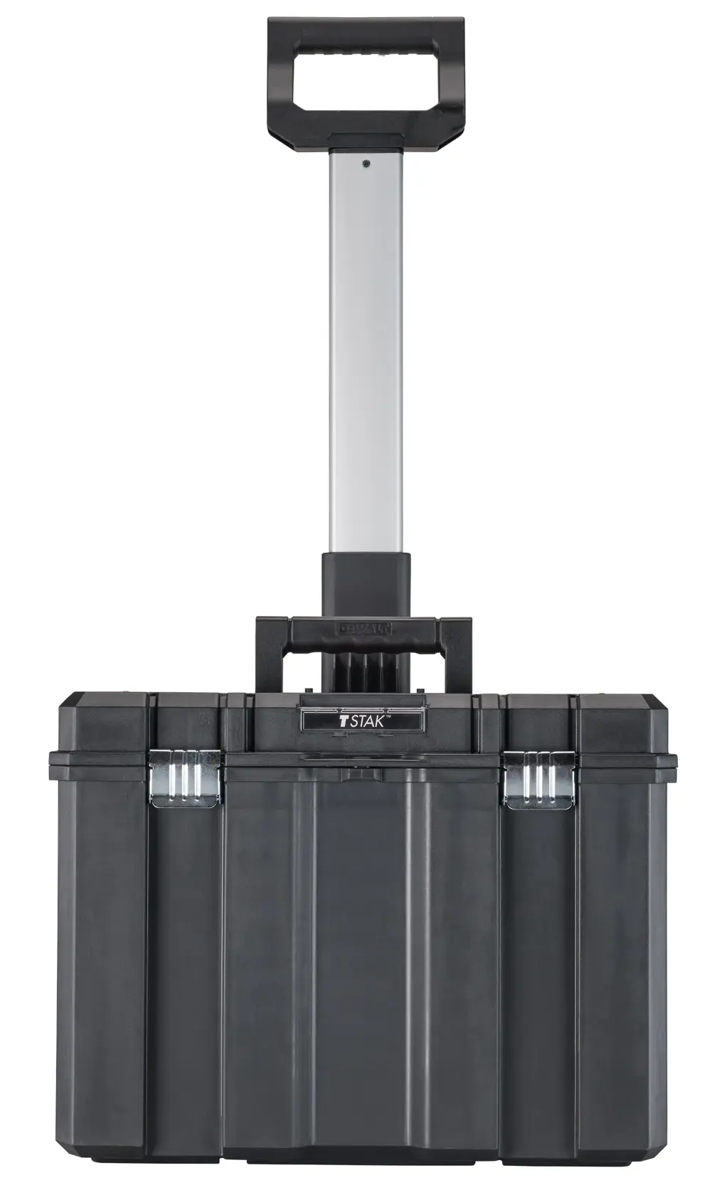 Caja de herramientas rodante DEWALT con asa superior bimaterial, dos cierres laterales y ruedas de 7 pulgadas. El asa está extendida verticalmente desde la caja.