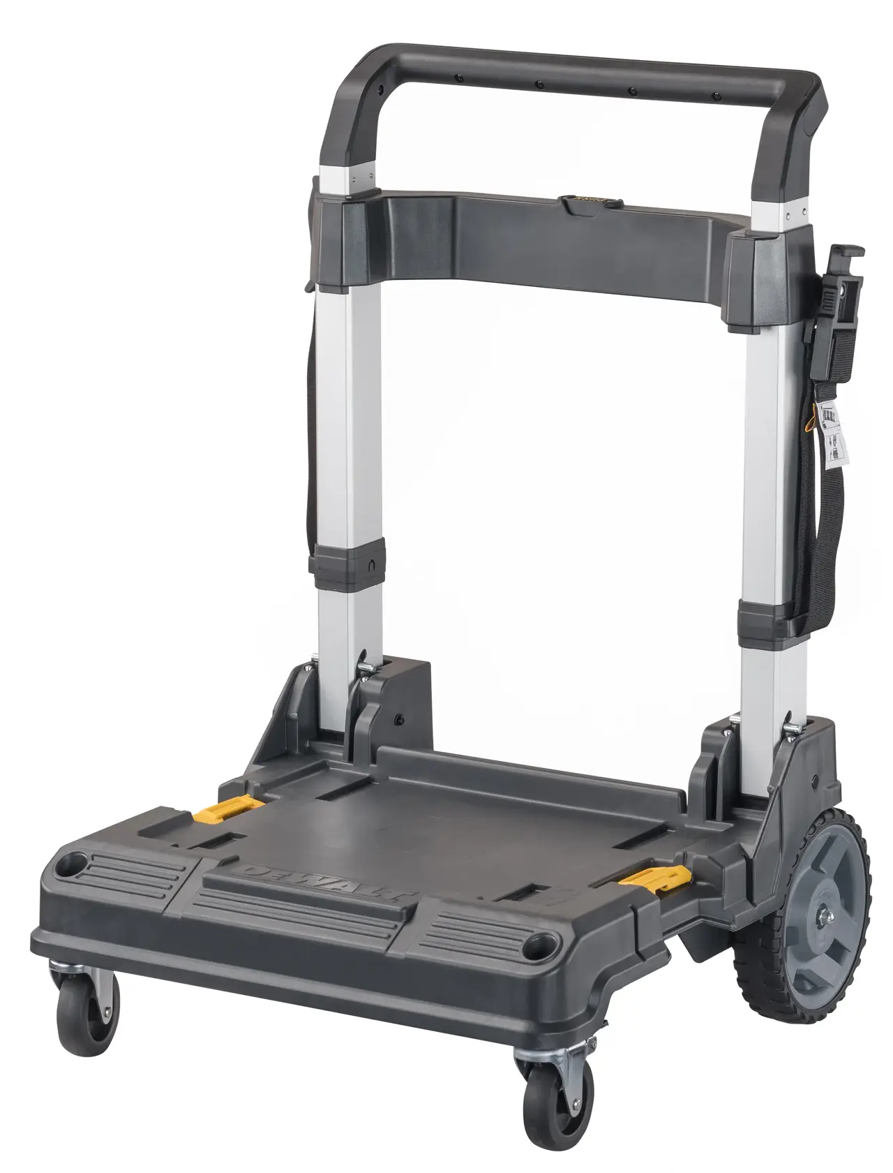 Um carrinho com rodas DEWALT com alça dobrável, projetado para transportar caixas de ferramentas ou equipamentos. O carrinho possui duas rodas traseiras grandes e duas rodas frontais giratórias menores para facilitar o movimento.