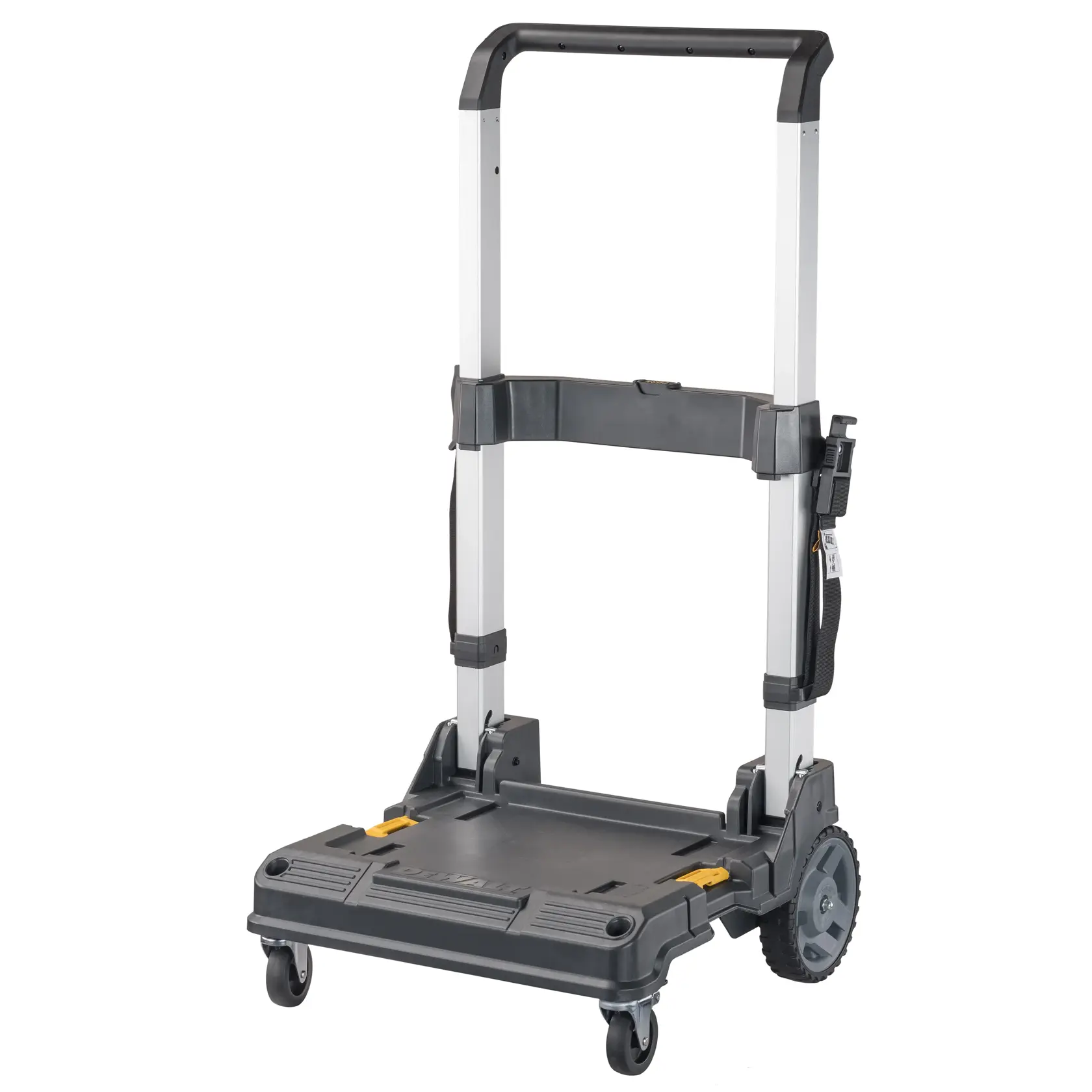 Carrinho portátil com rodas DEWALT com base robusta, alça telescópica e rodas para facilitar o transporte de ferramentas ou equipamentos.