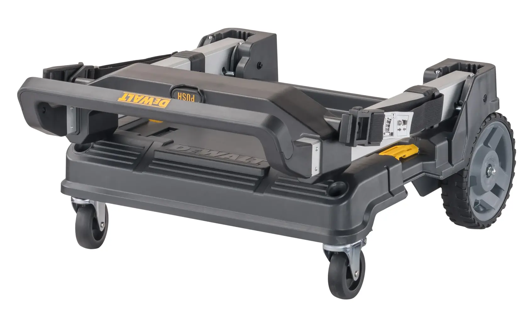 Carrinho móvel DEWALT DWST17888 dobrado, com rodas grandes e estrutura de plástico resistente, projetado para transportar caixas de ferramentas e equipamentos.
