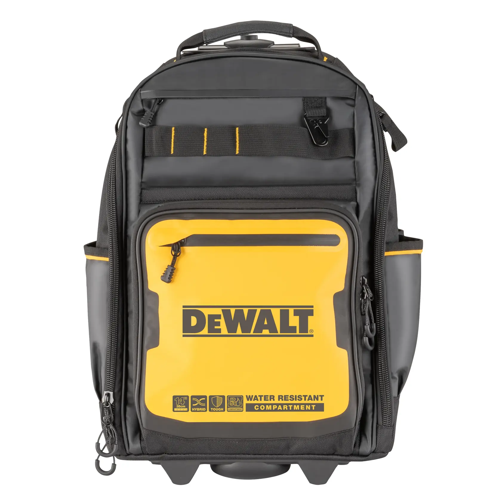 Mochila preta e amarela da marca DEWALT com vários compartimentos com zíper e bolsos laterais. A frente possui um compartimento resistente à água e o logotipo DEWALT.