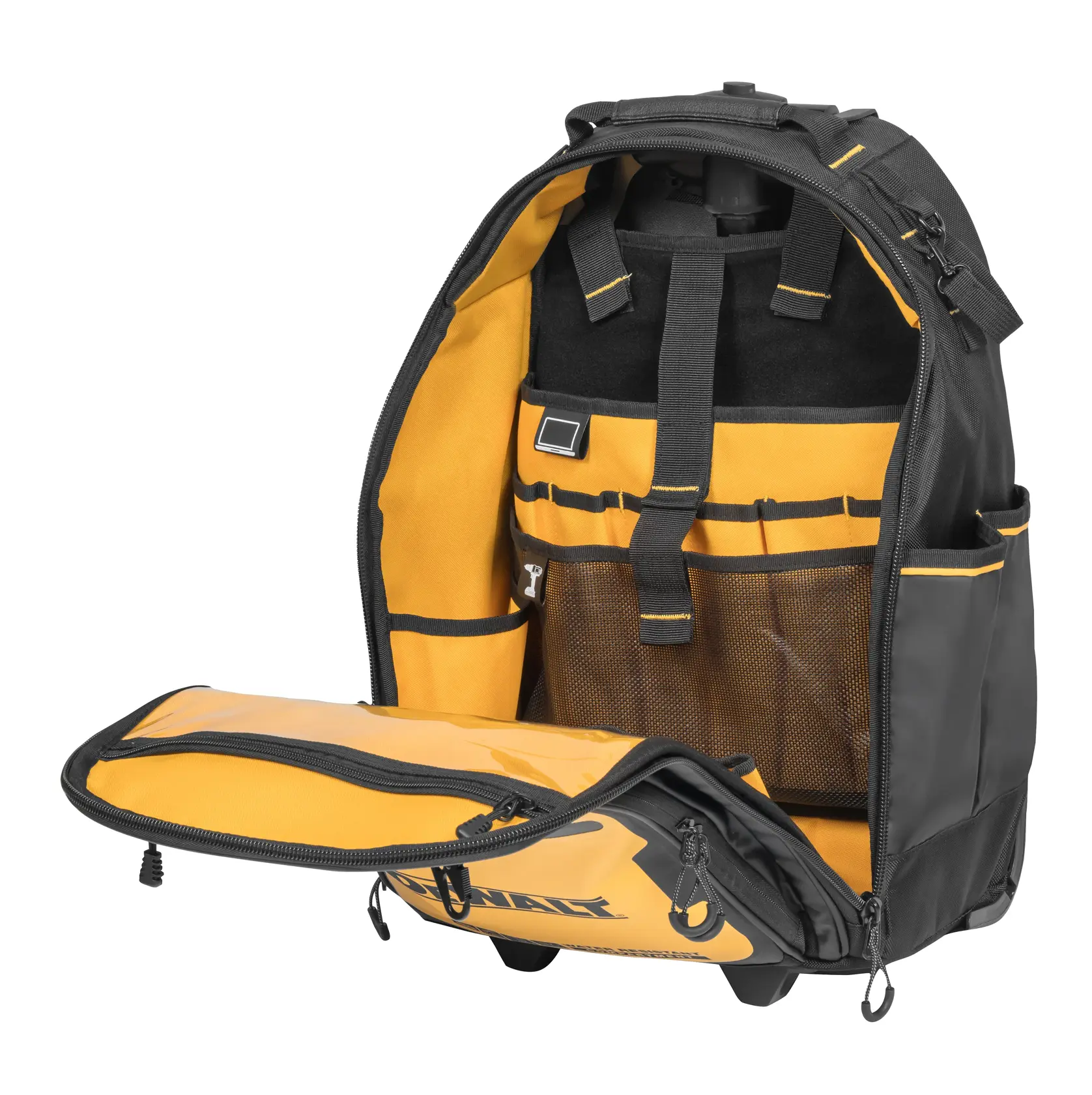 Uma mochila de ferramentas DEWALT preta e amarela é exibida com o compartimento frontal aberto, mostrando vários bolsos e alças organizados para armazenamento de ferramentas e equipamentos.