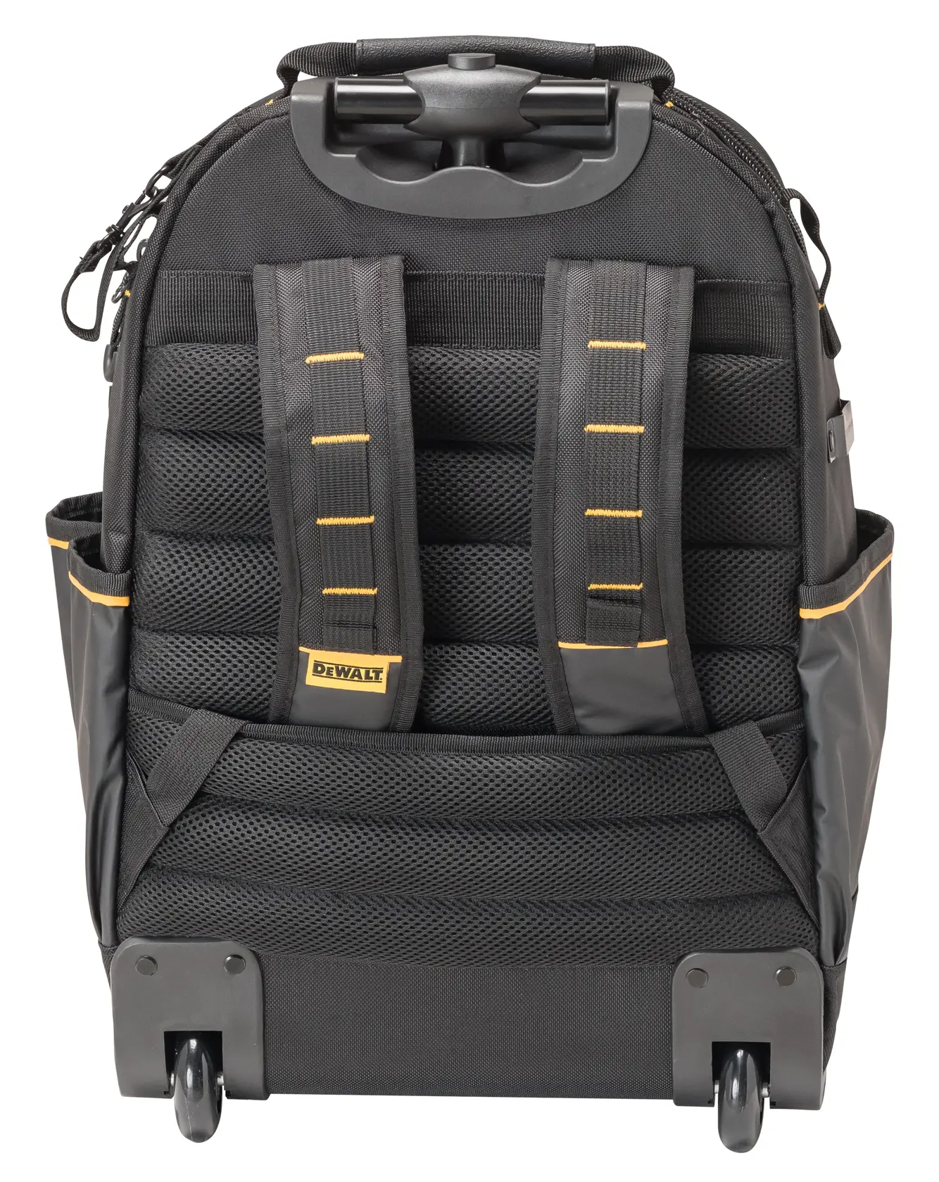 Uma mochila preta com rodas da DEWALT com alças de ombro acolchoadas, painel traseiro em malha, bolsos utilitários nas laterais e rodas resistentes para transporte fácil.