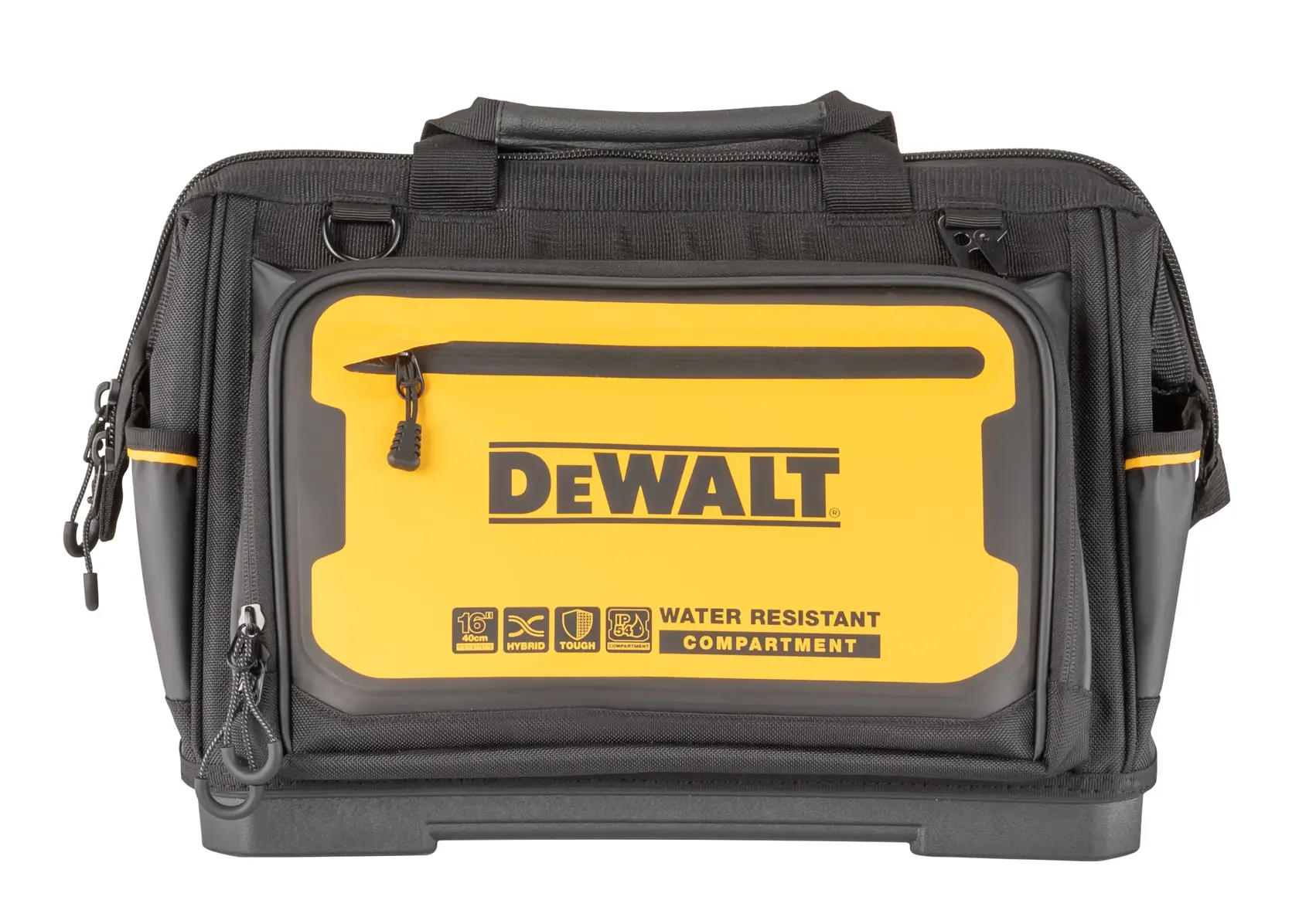 Bolsa de ferramentas preta e amarela da DEWALT com compartimento resistente à água, zíperes visíveis, alças de transporte e base reforçada.