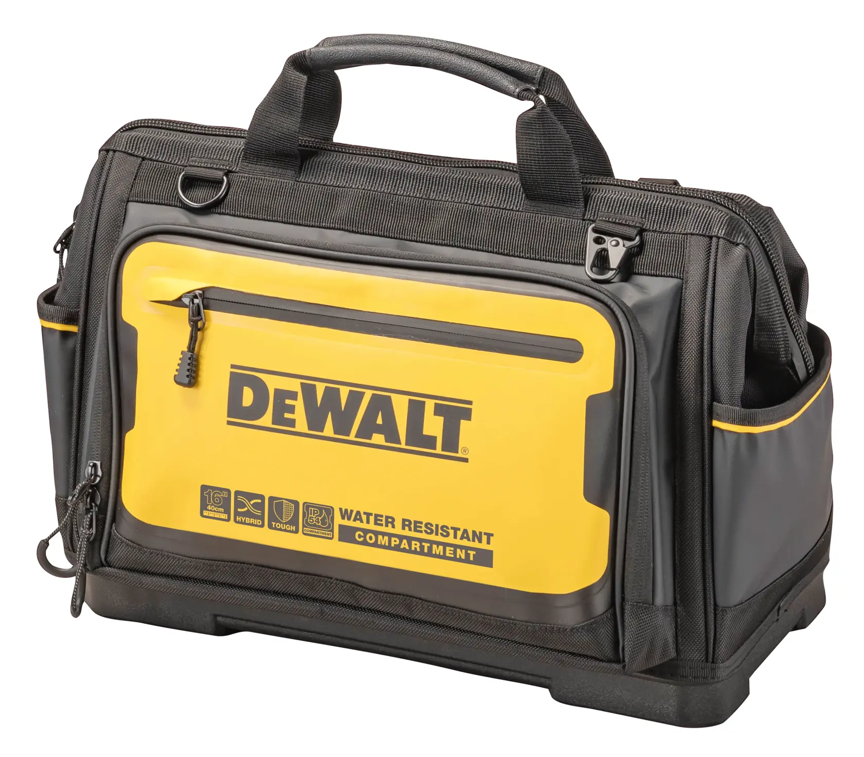 Bolsa de ferramentas da marca DEWALT com design amarelo e preto, com compartimento resistente à água, bolsos laterais e alças resistentes.