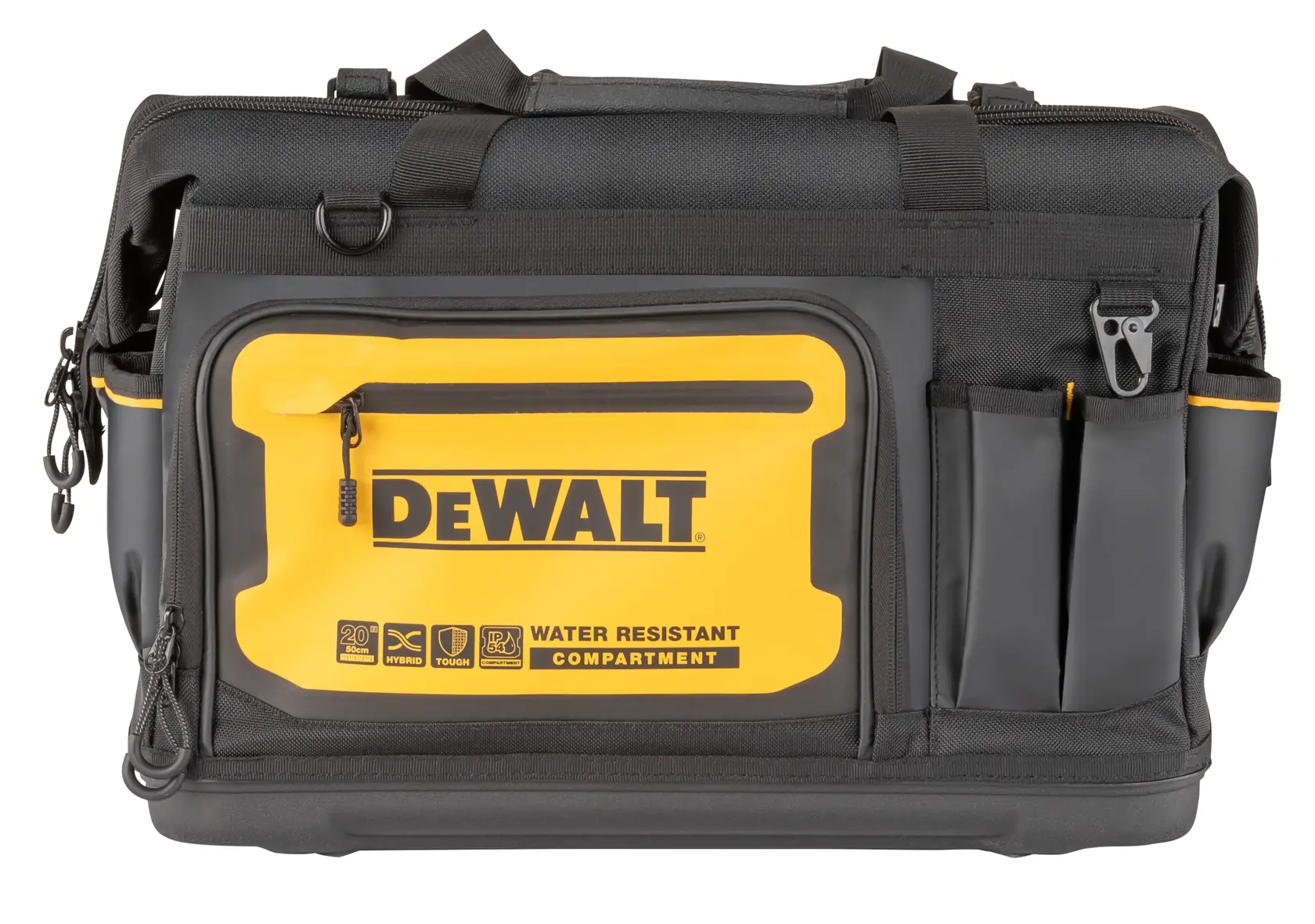 Bolsa de ferramentas preta e amarela da DEWALT com compartimento resistente à água, vários bolsos e fechamento com zíper.