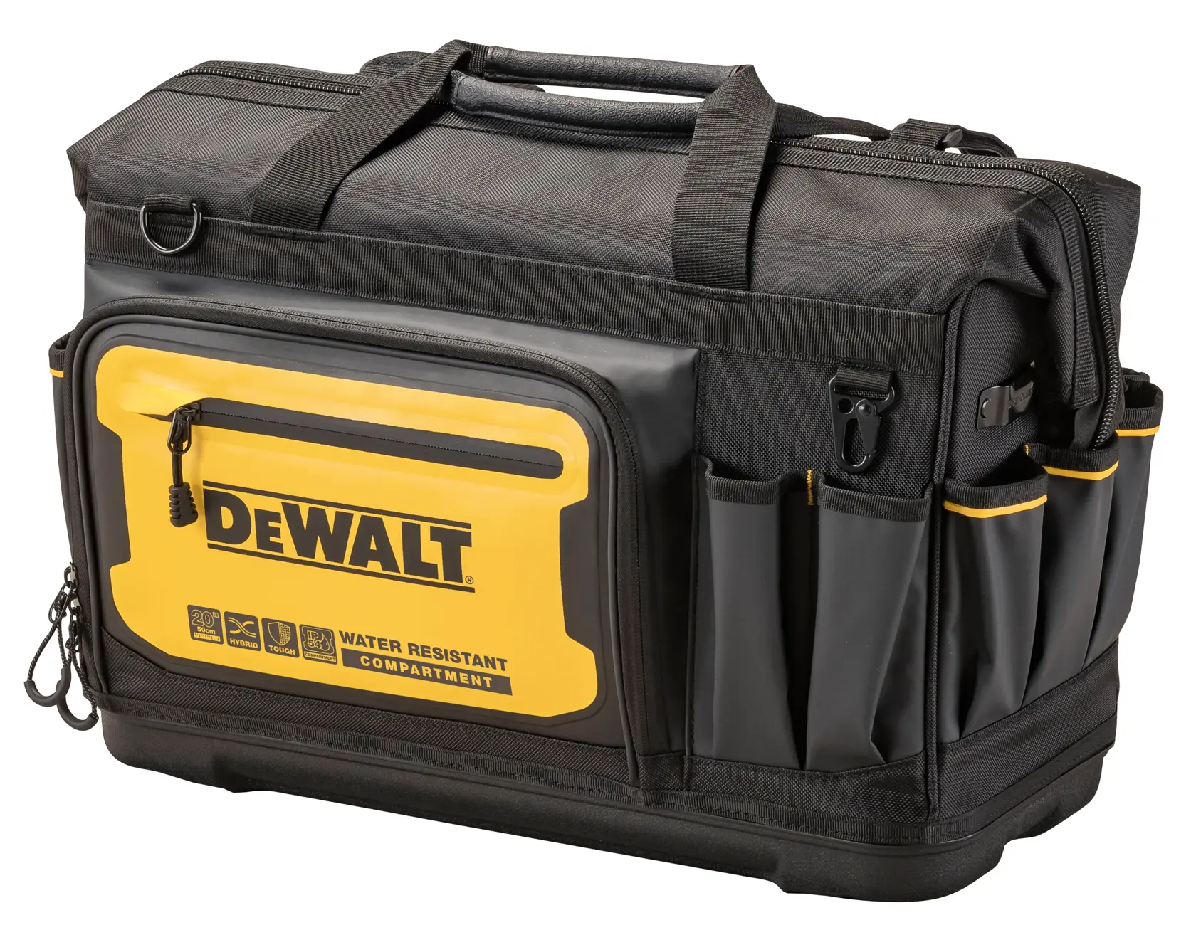 Uma bolsa de ferramentas DEWALT preta e amarela com vários bolsos, compartimento frontal resistente à água e alças robustas, ideal para transportar e organizar ferramentas.
