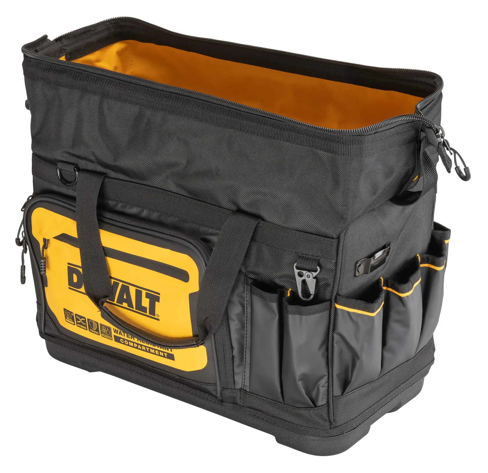 Uma bolsa de ferramentas DEWALT preta e amarela com vários bolsos externos, abertura superior com zíper e alças resistentes. A bolsa é destinada ao transporte e organização de ferramentas.