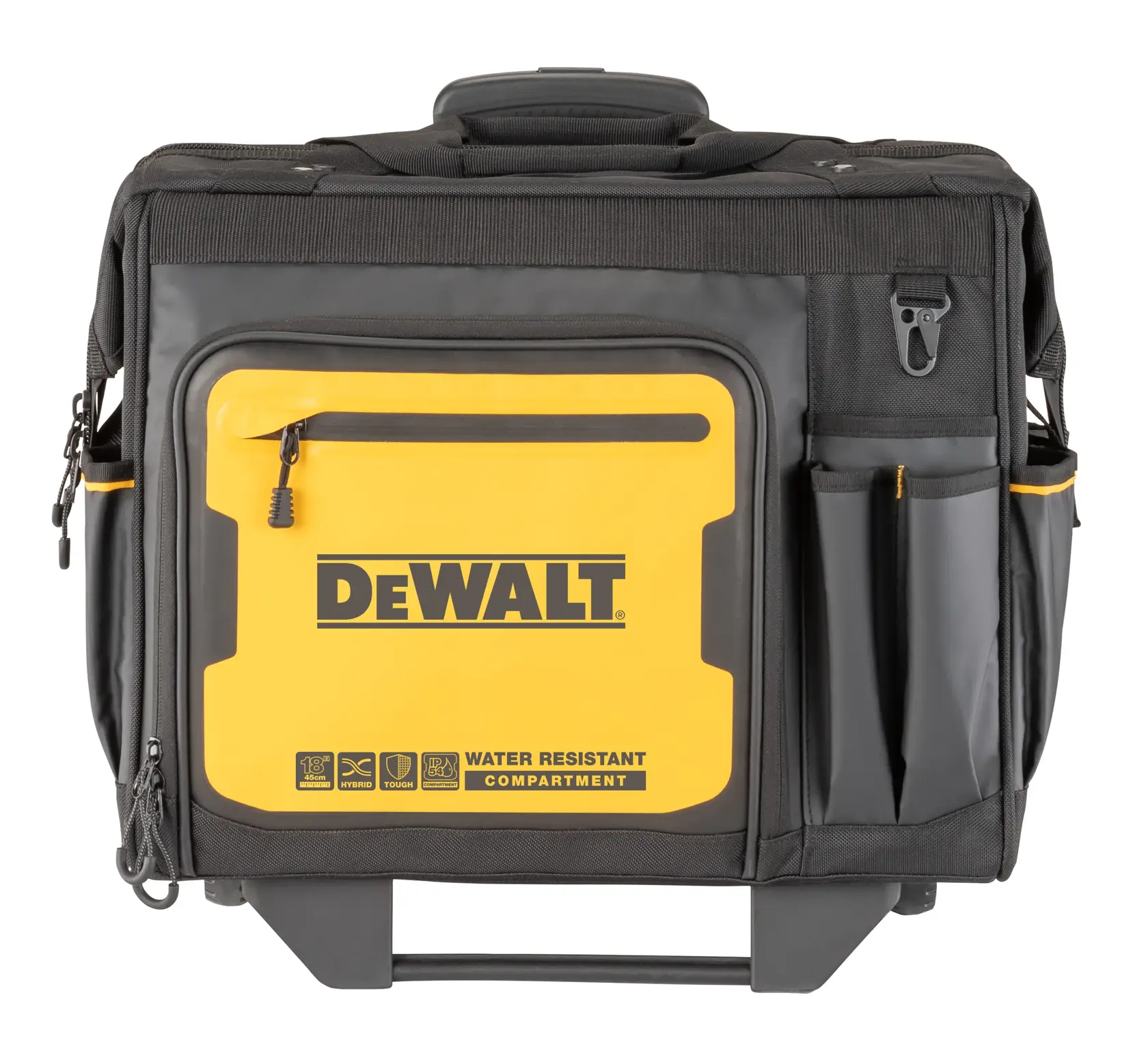 Vista frontal de uma bolsa fotográfica DEWALT com compartimento resistente à água, design preto e amarelo, bolso com zíper e vários bolsos laterais.