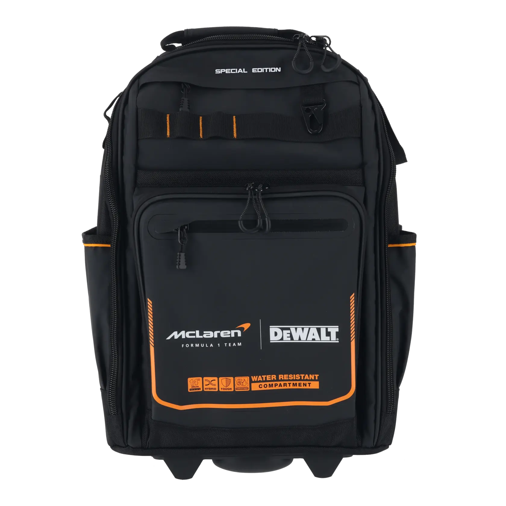 Mochila preta DEWALT McLaren com detalhes laranja, compartimento resistente à água, edição especial.