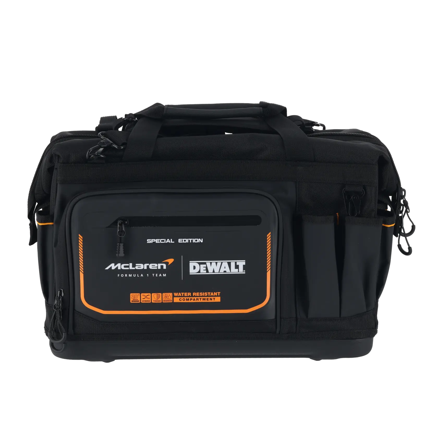 Bolsa preta DEWALT de ferramentas com marca McLaren, vários compartimentos, resistente à água.