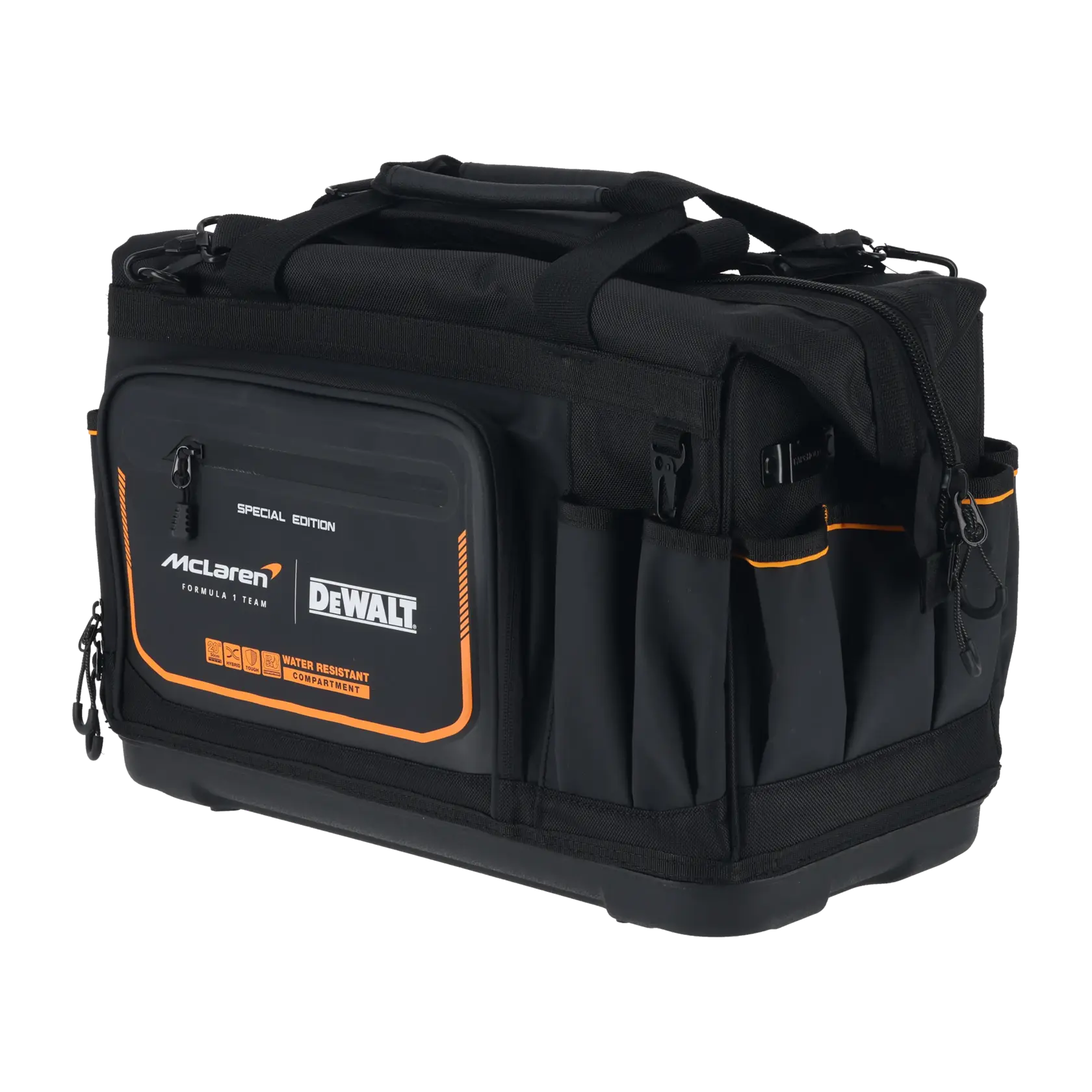 Bolsa de ferramentas preta DEWALT McLaren edição especial com detalhes laranja e compartimento resistente à água.