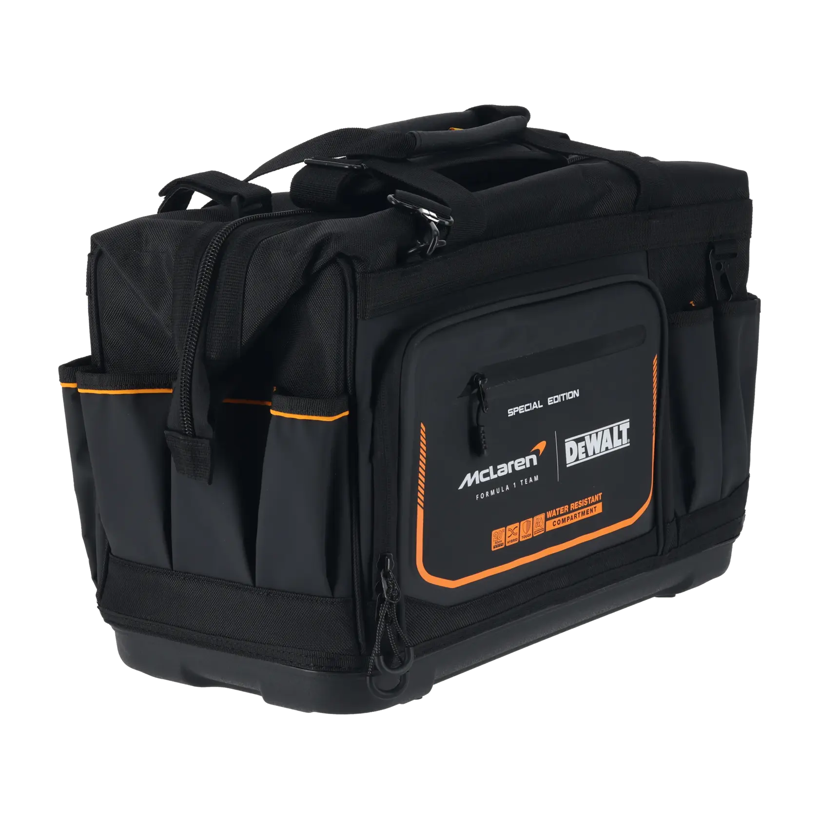Bolsa de ferramentas DEWALT preta com detalhes laranja, bolsos, logos McLaren e DEWALT, compartimento resistente.