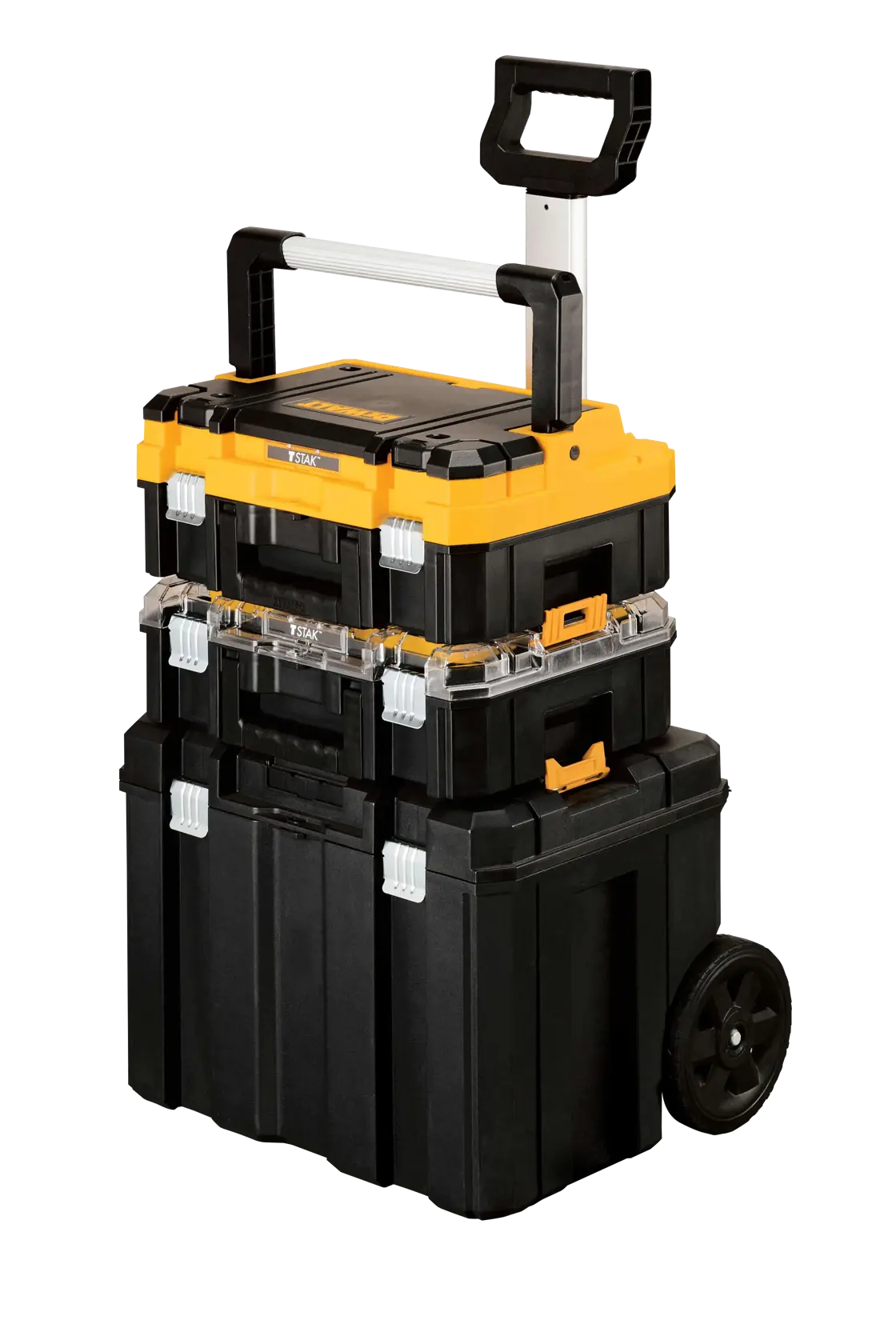 Caixas de ferramentas portáteis empilhadas da DEWALT em preto e amarelo, com alça telescópica e rodas para facilitar o transporte.