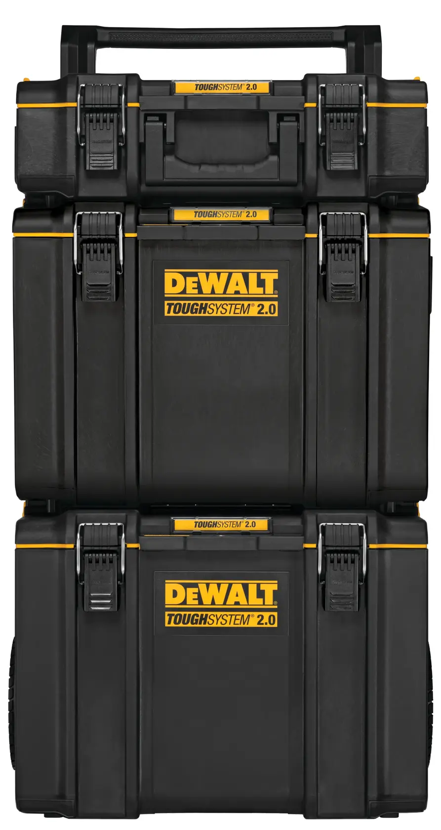 Uma pilha de três caixas de armazenamento de ferramentas DEWALT ToughSystem 2.0 pretas com detalhes em amarelo e travas seguras, projetadas para armazenamento durável e organizado.
