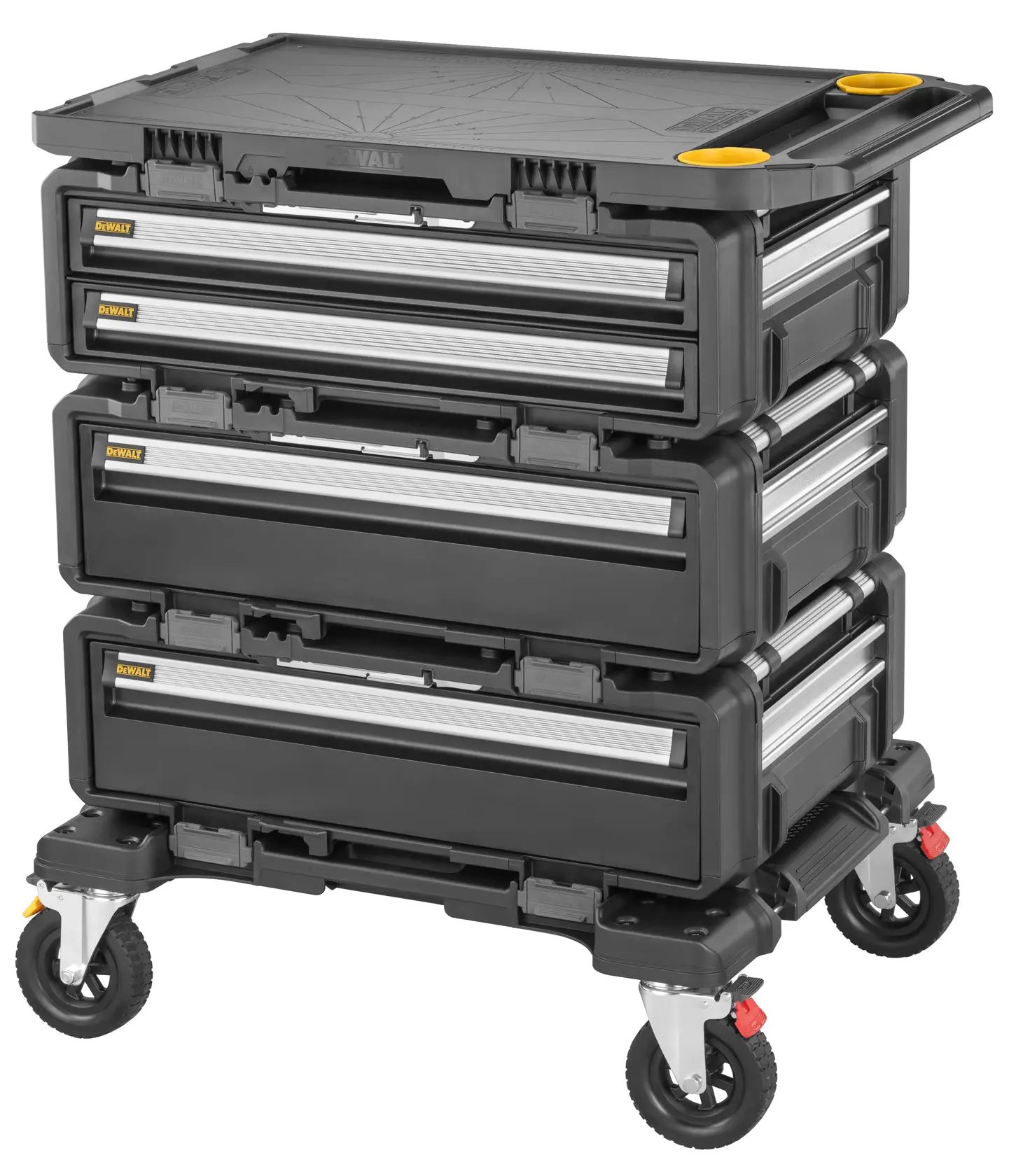 Dois trabalhadores da construção civil usando equipamentos de segurança e capacetes estão usando um carrinho móvel de armazenamento de ferramentas DEWALT com várias gavetas e compartimentos, equipado com diversas ferramentas elétricas e acessórios, dentro de um edifício em construção.