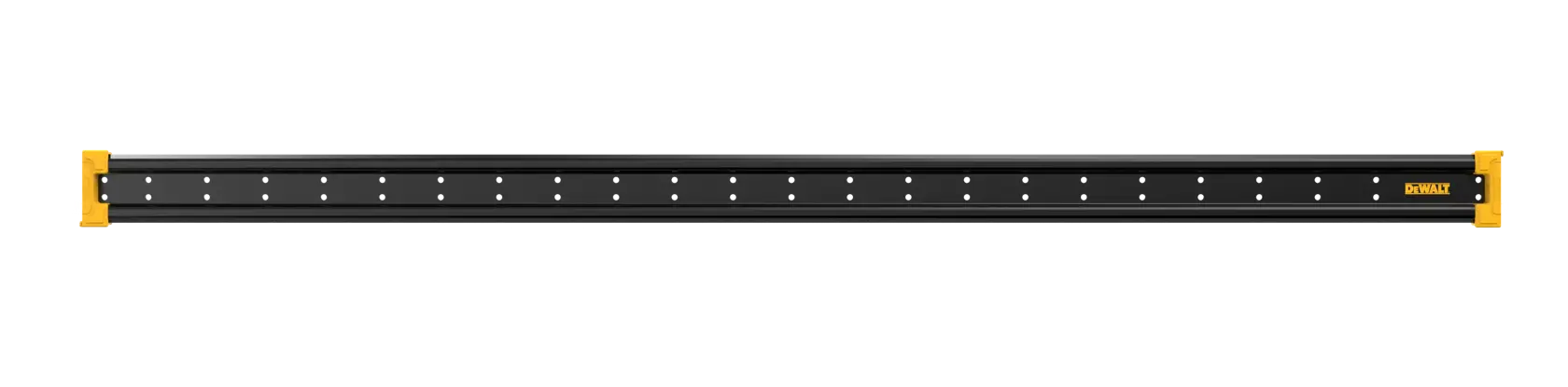 Um trilho de armazenamento de metal preto para montagem na parede com suportes amarelos nas extremidades, da marca DEWALT, projetado para organizar ferramentas e acessórios.